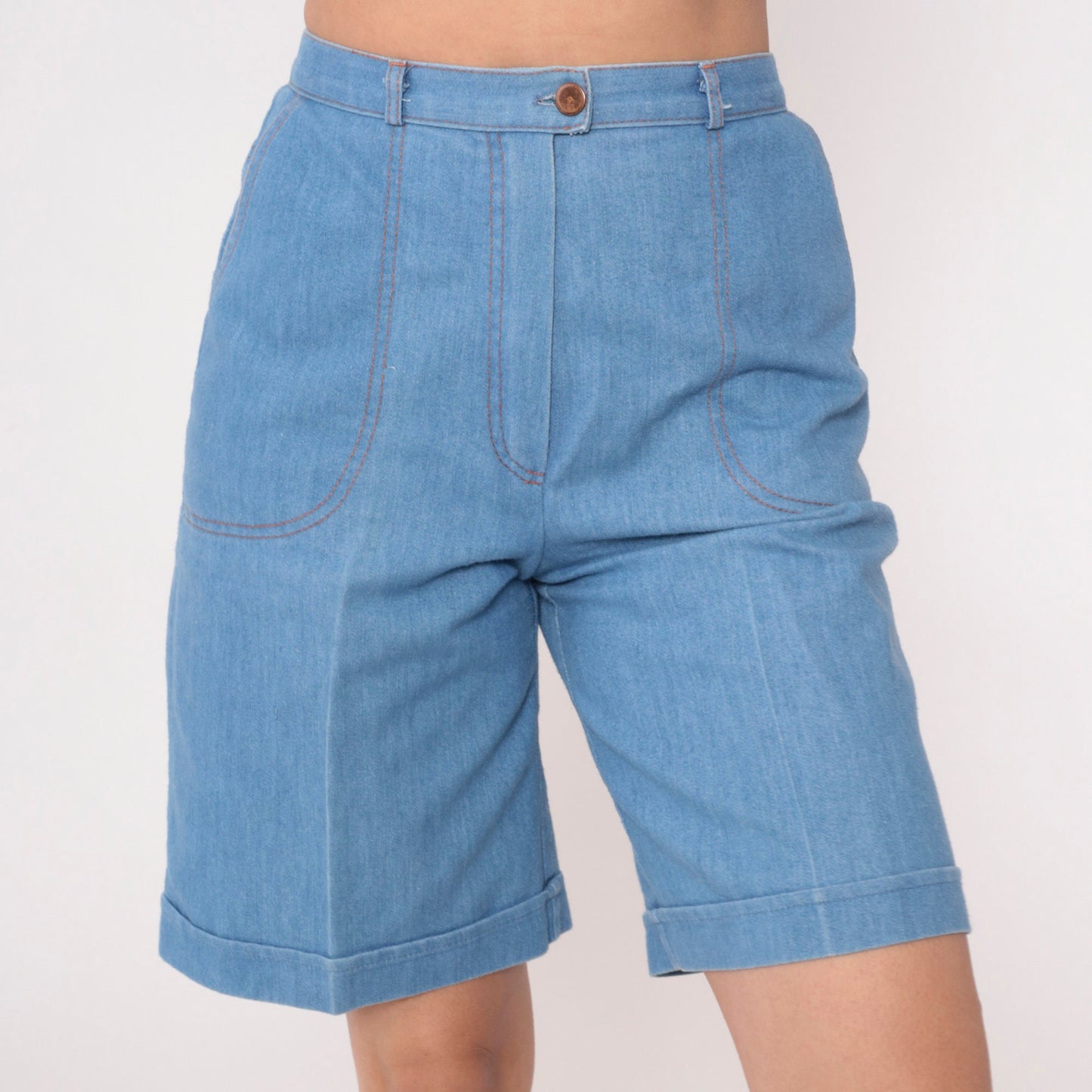 80s Tanjay Blue Denim Bermuda Shorts High Waist Cuffed Small