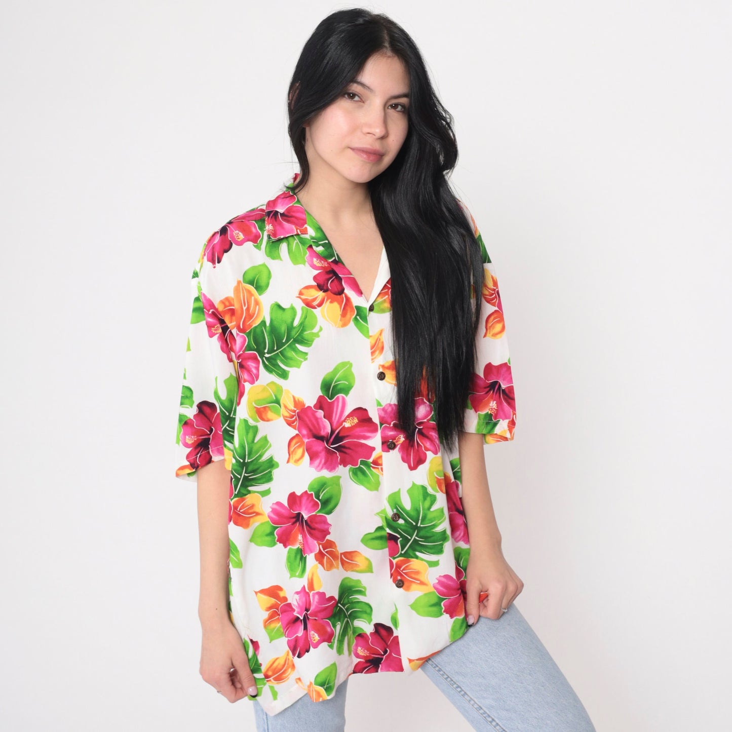 90s Two Palms Hawaiian Shirt White Tropical Floral Button Up Large