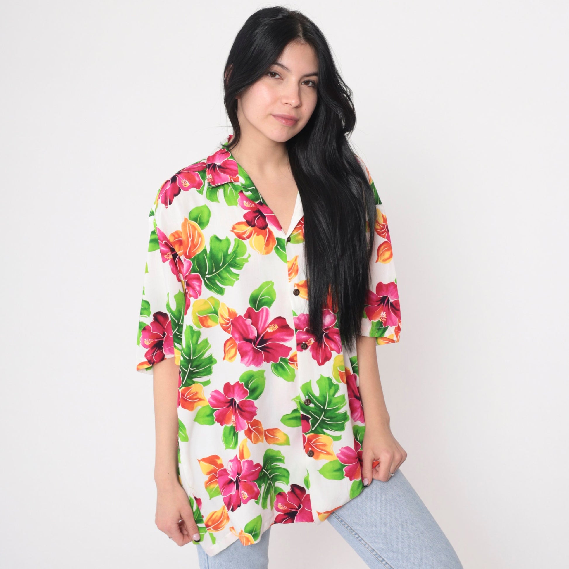 90s Two Palms Hawaiian Shirt White Tropical Floral Button Up Large