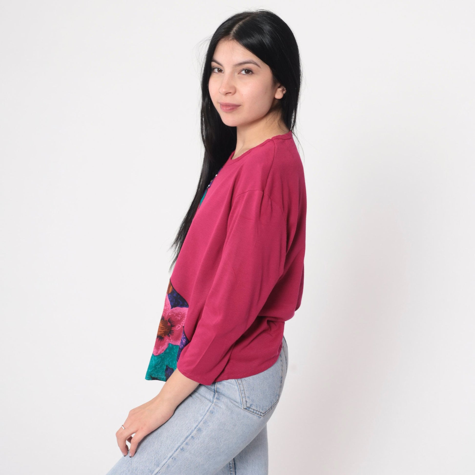 90s Pink Floral Long Sleeve Blouse Pearl Beaded Colorblock Shirt Medium