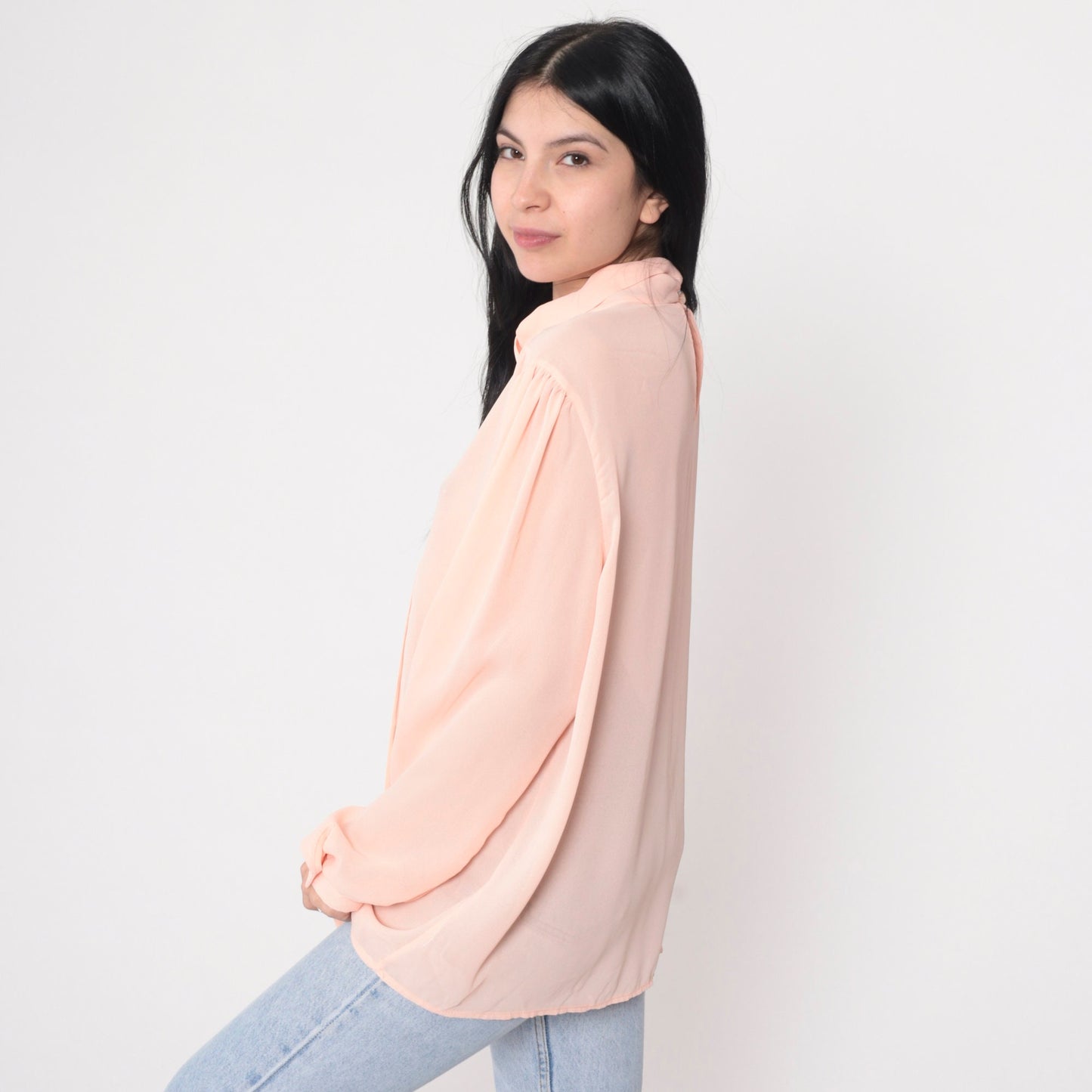 90s Pink Pleated Blouse Puff Sleeve Keyhole Back Semi-Sheer Large
