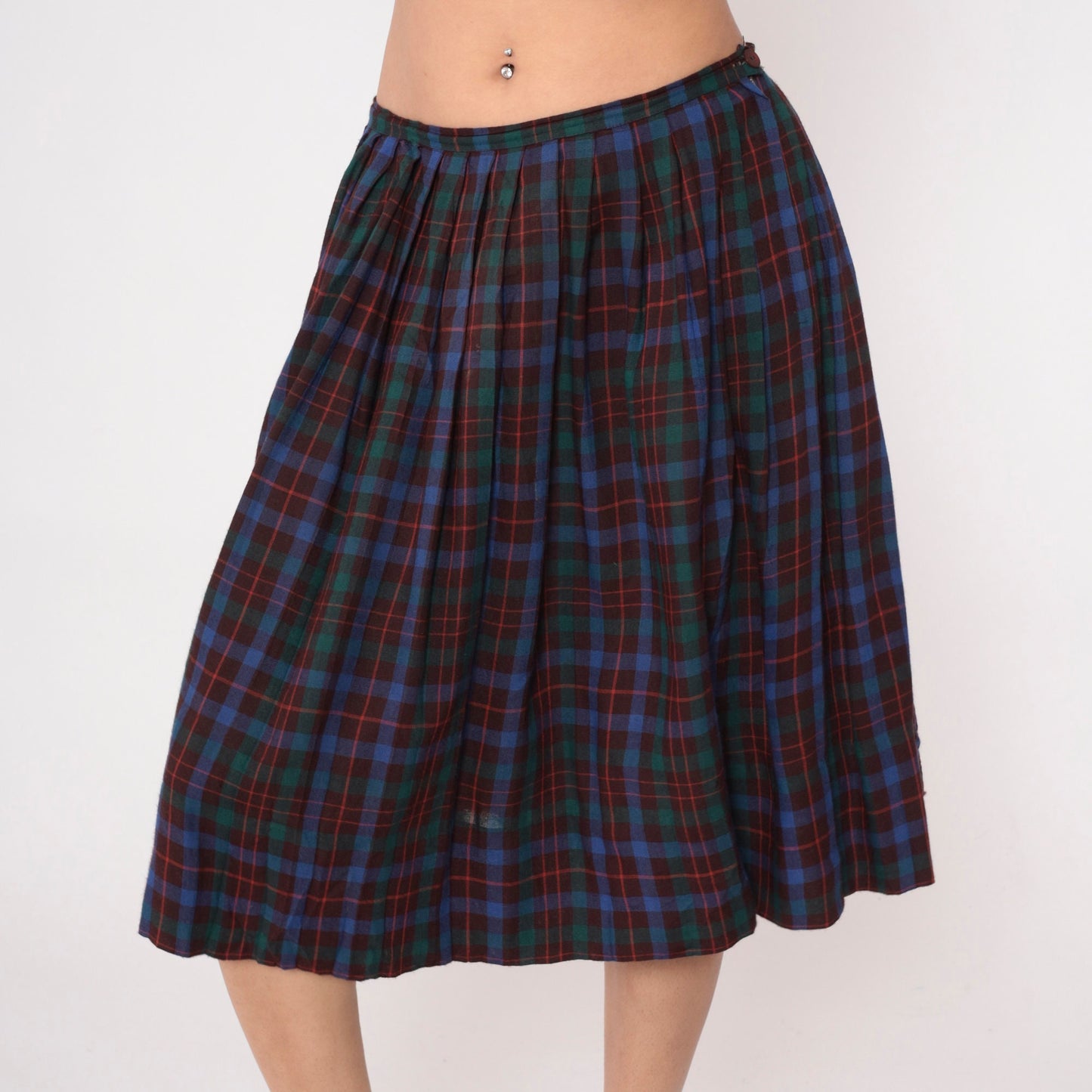 80s Maroon Blue Green Plaid Midi Skirt High Waist Pleated Large