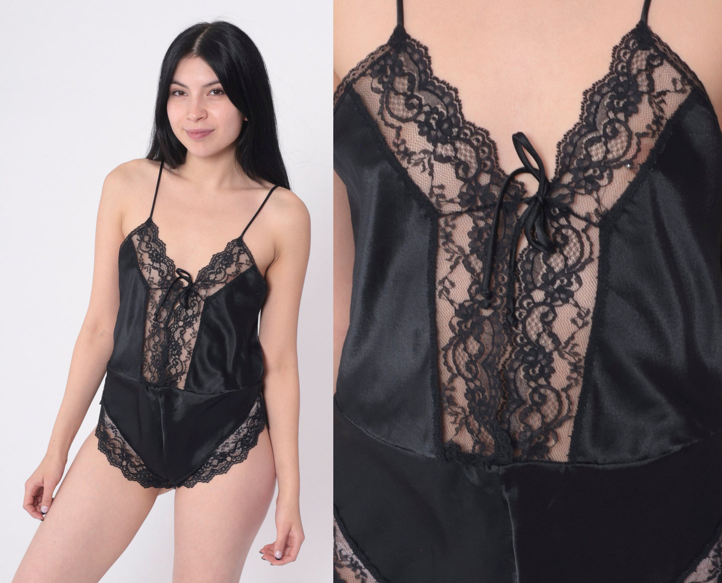 80s Black Lace Teddy Lingerie Spaghetti Strap V-Neck Bodysuit Small
