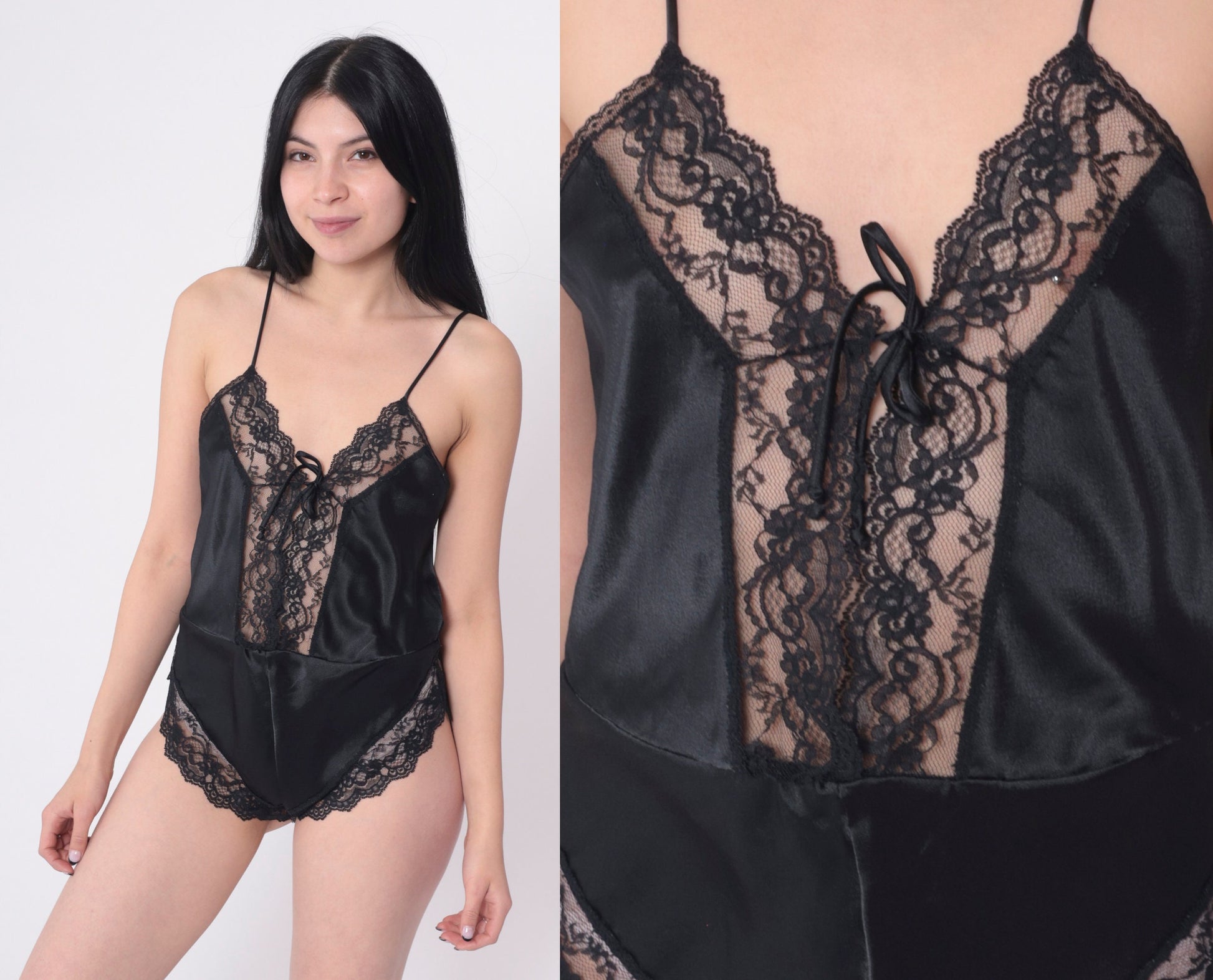 80s Black Lace Teddy Lingerie Spaghetti Strap V-Neck Bodysuit Small