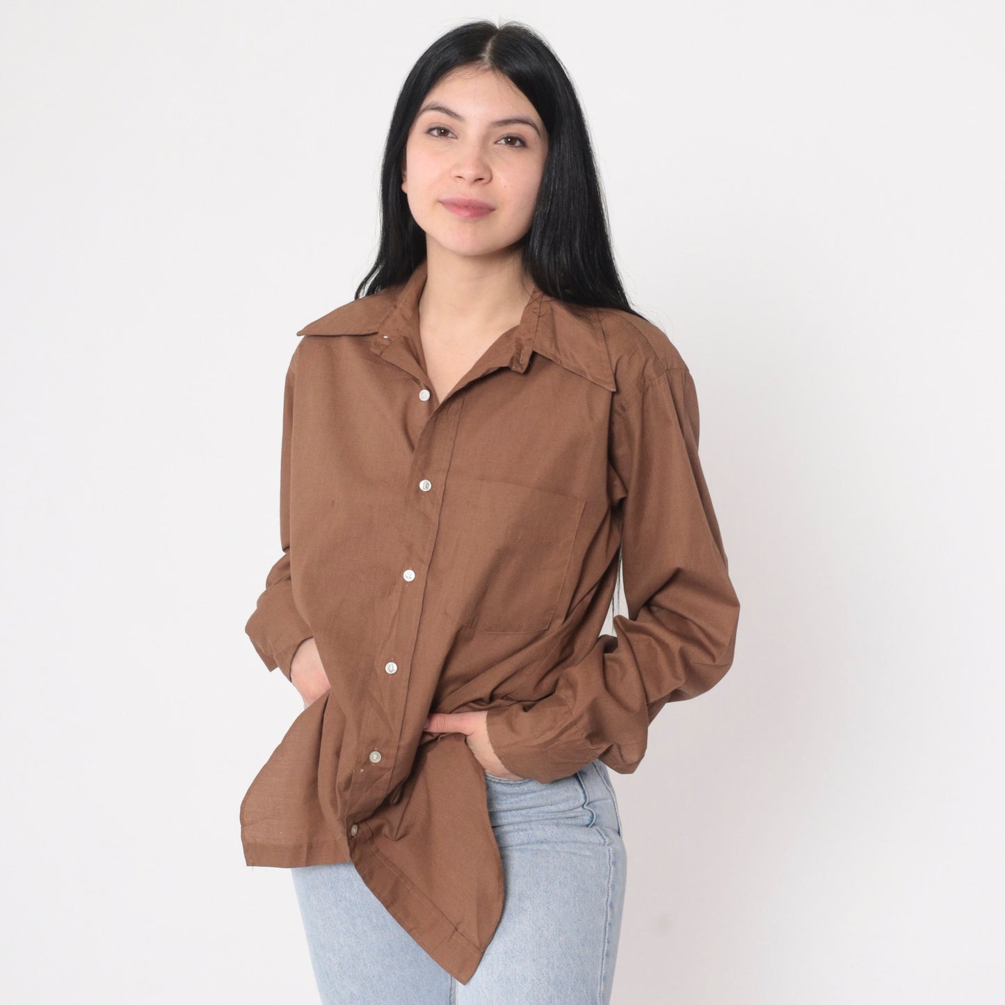 70s Cocoa Brown Wing Collar Button-Up Shirt Long Sleeve Mens Medium
