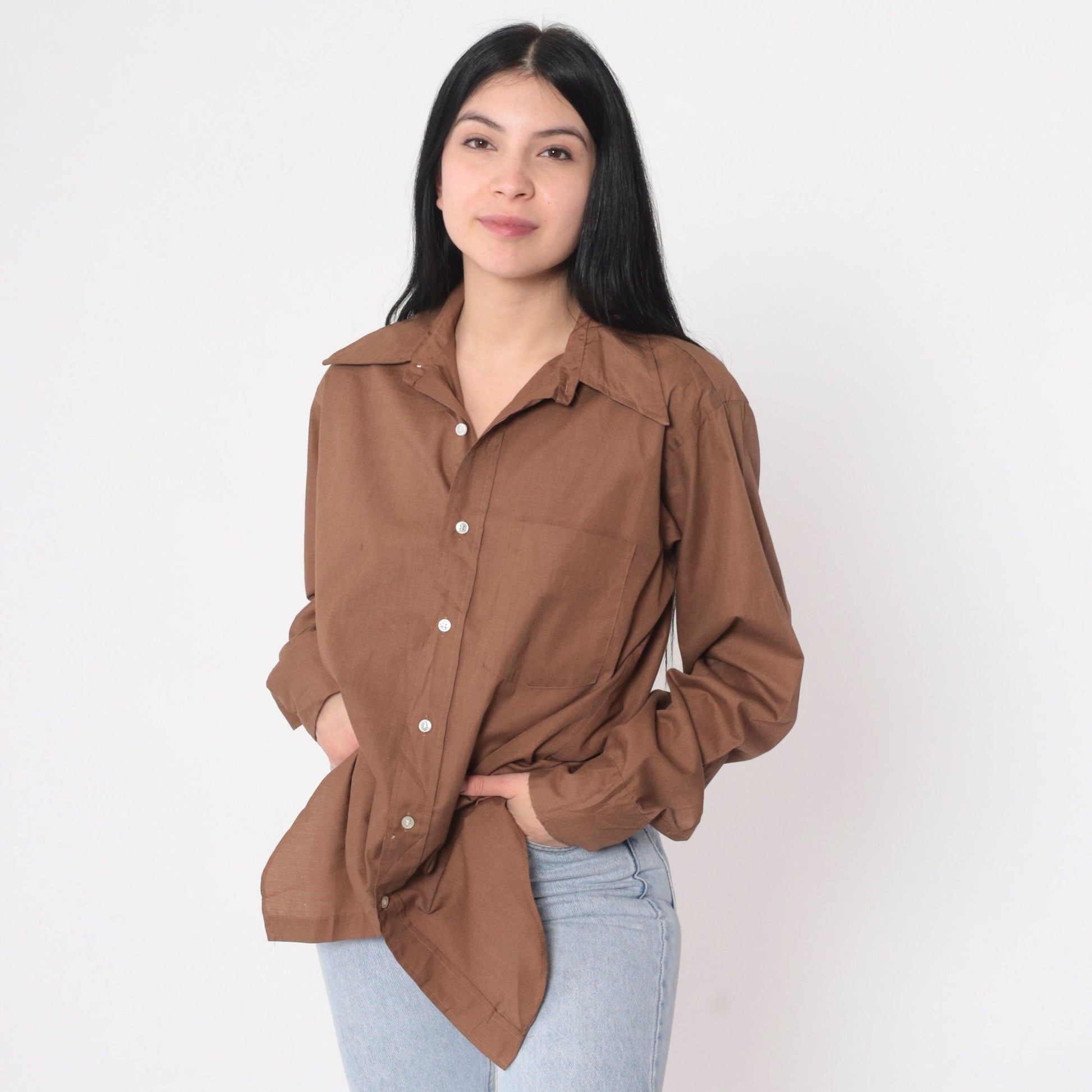70s Cocoa Brown Wing Collar Button-Up Shirt Long Sleeve Mens Medium