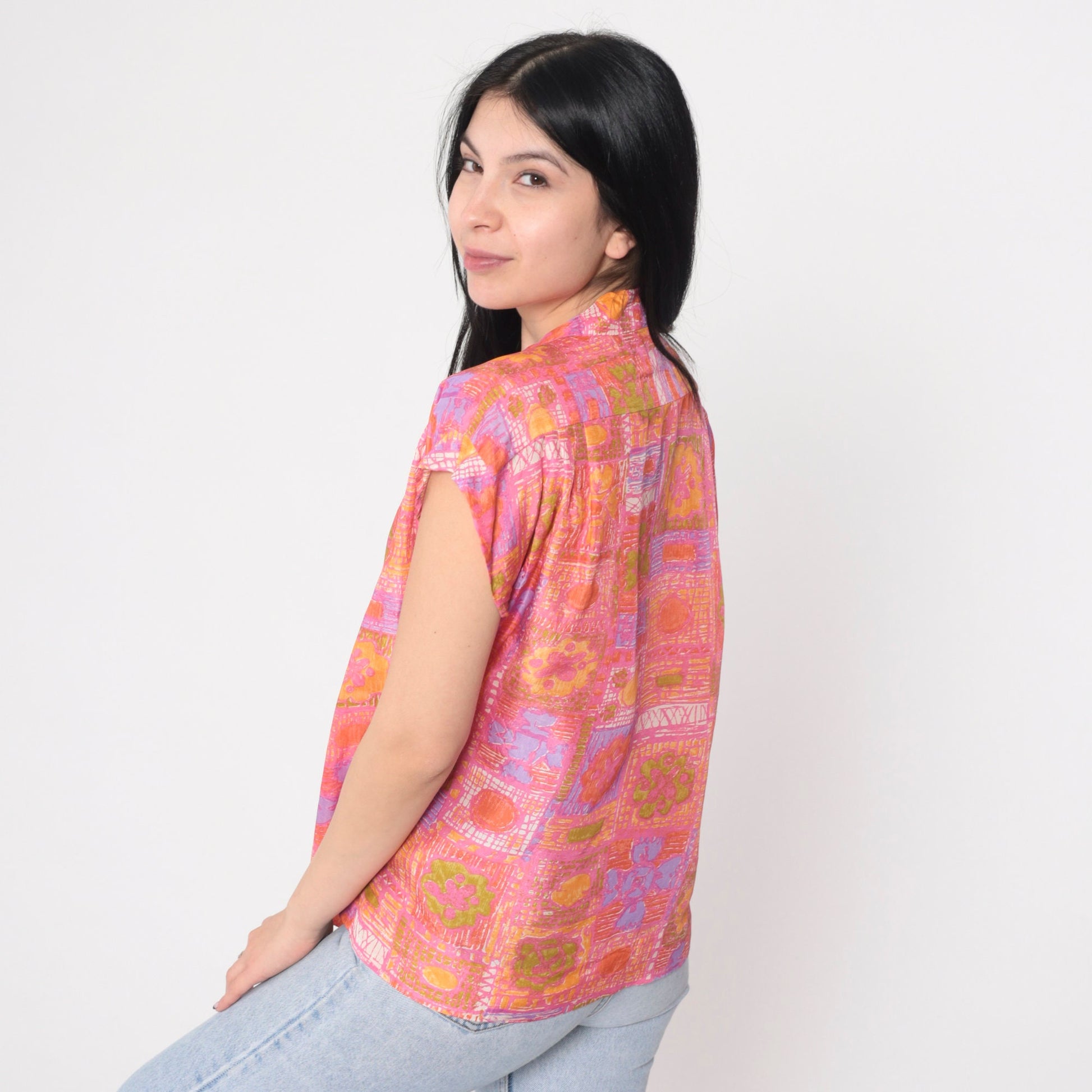 70s Abstract Floral Silk Blouse Pink Orange Cap Sleeve Button Up Large