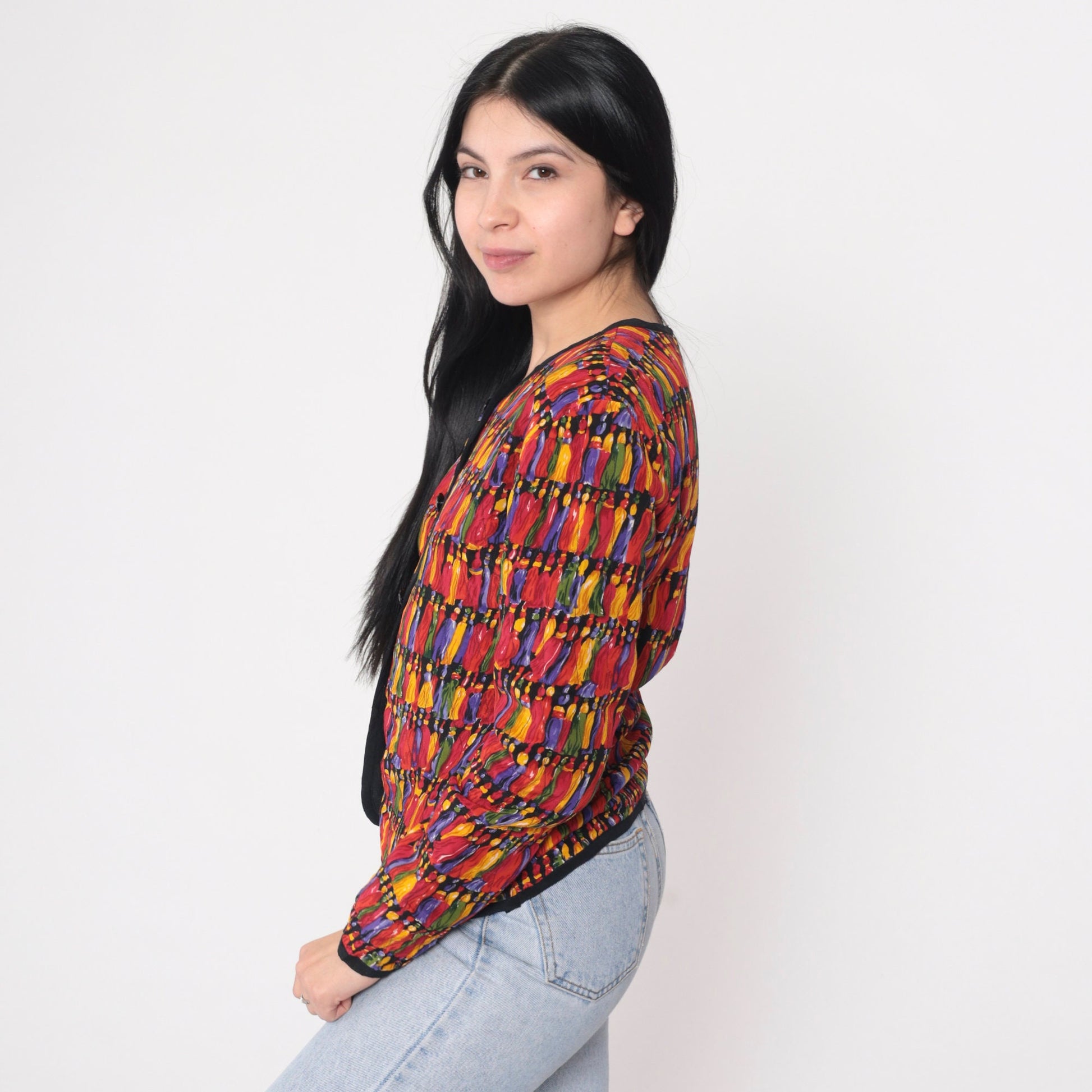 90s Quilted Jacket Colorful Tassel Print Button-Up Blazer Small