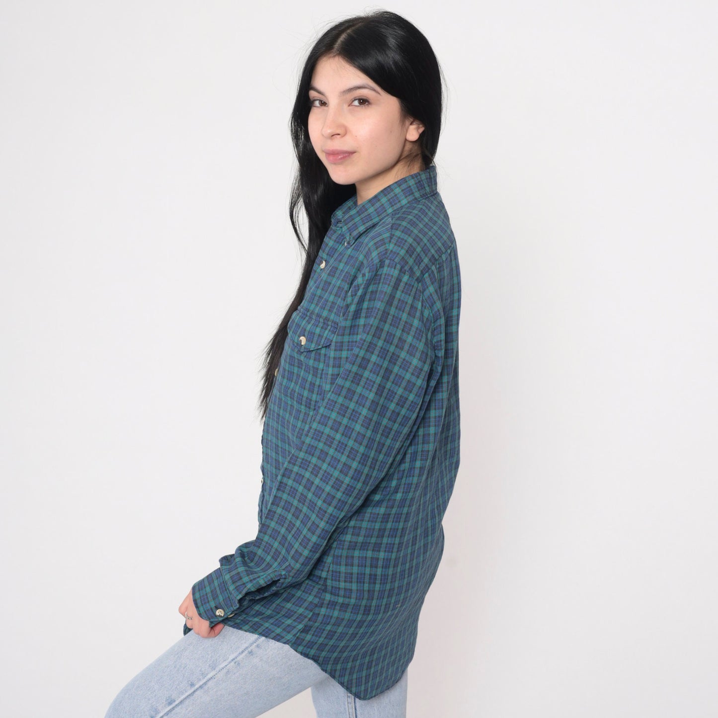 90s Chevalier Royale Flannel Shirt Blue Green Plaid Button-Up Medium