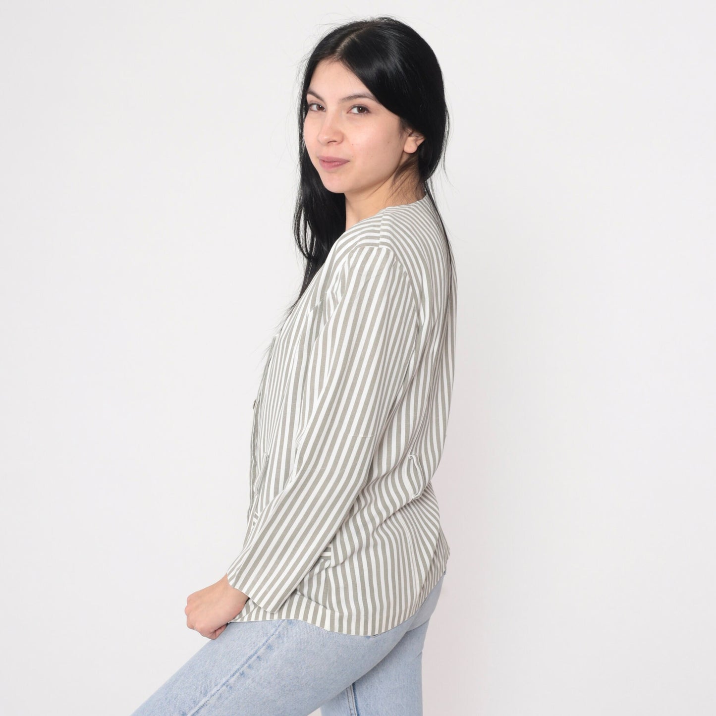90s Striped Puff Sleeve Blouse Button-Up V-Neck Shirt Small S