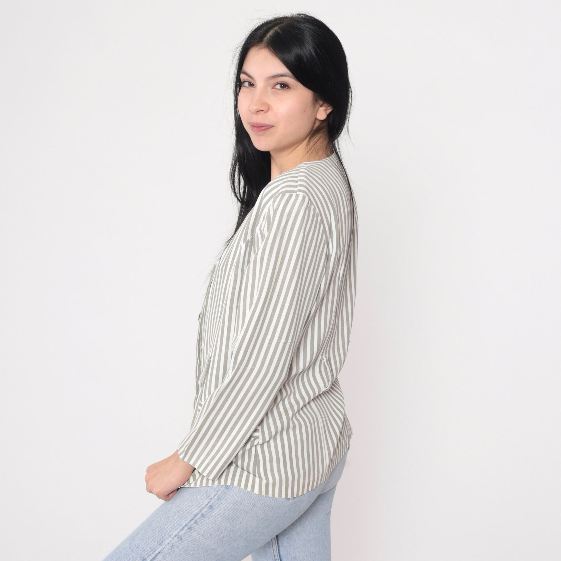 90s Striped Puff Sleeve Blouse Button-Up V-Neck Shirt Small S