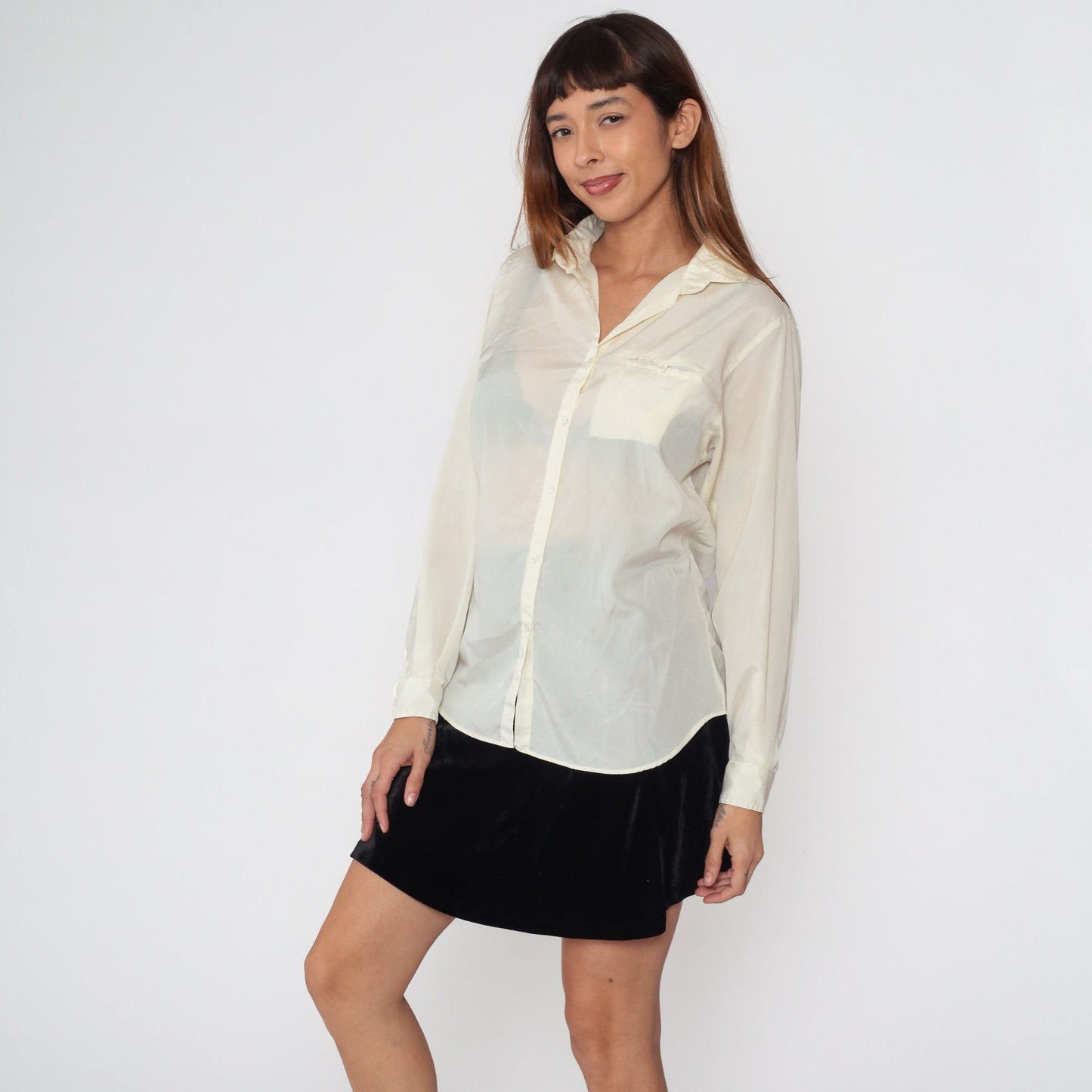 80s Liz Claiborne Cream Button-Up Blouse Long Sleeve Chest Pocket Large