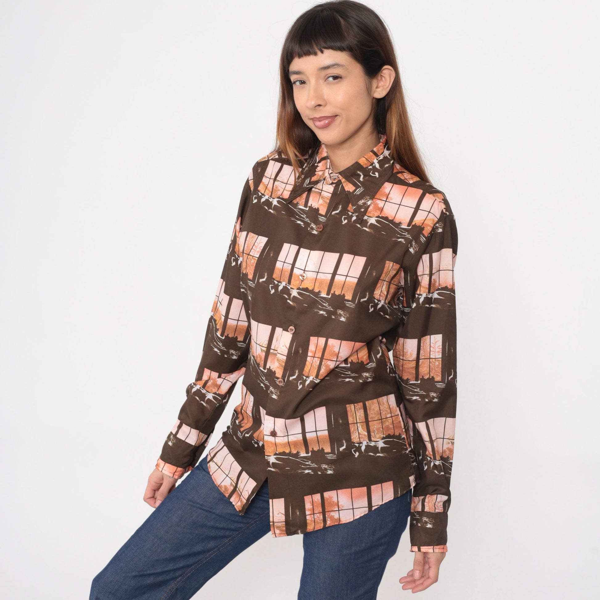 70s Disco Shirt Brown Art Print Button Up Dagger Collar Long Sleeve Medium
