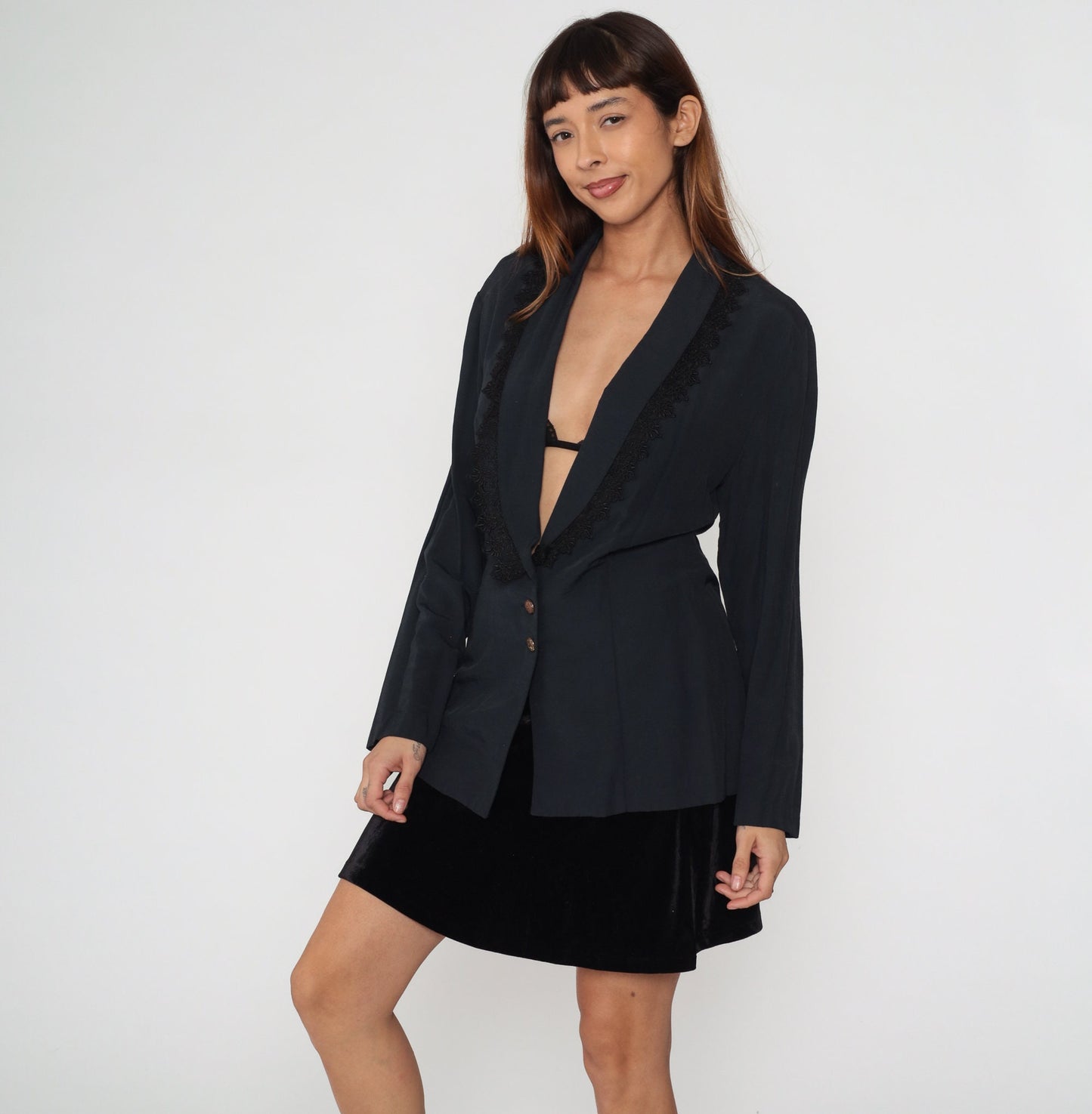 90s Black Blazer Jacket Lace Trim Deep V Neck Button Up Medium M