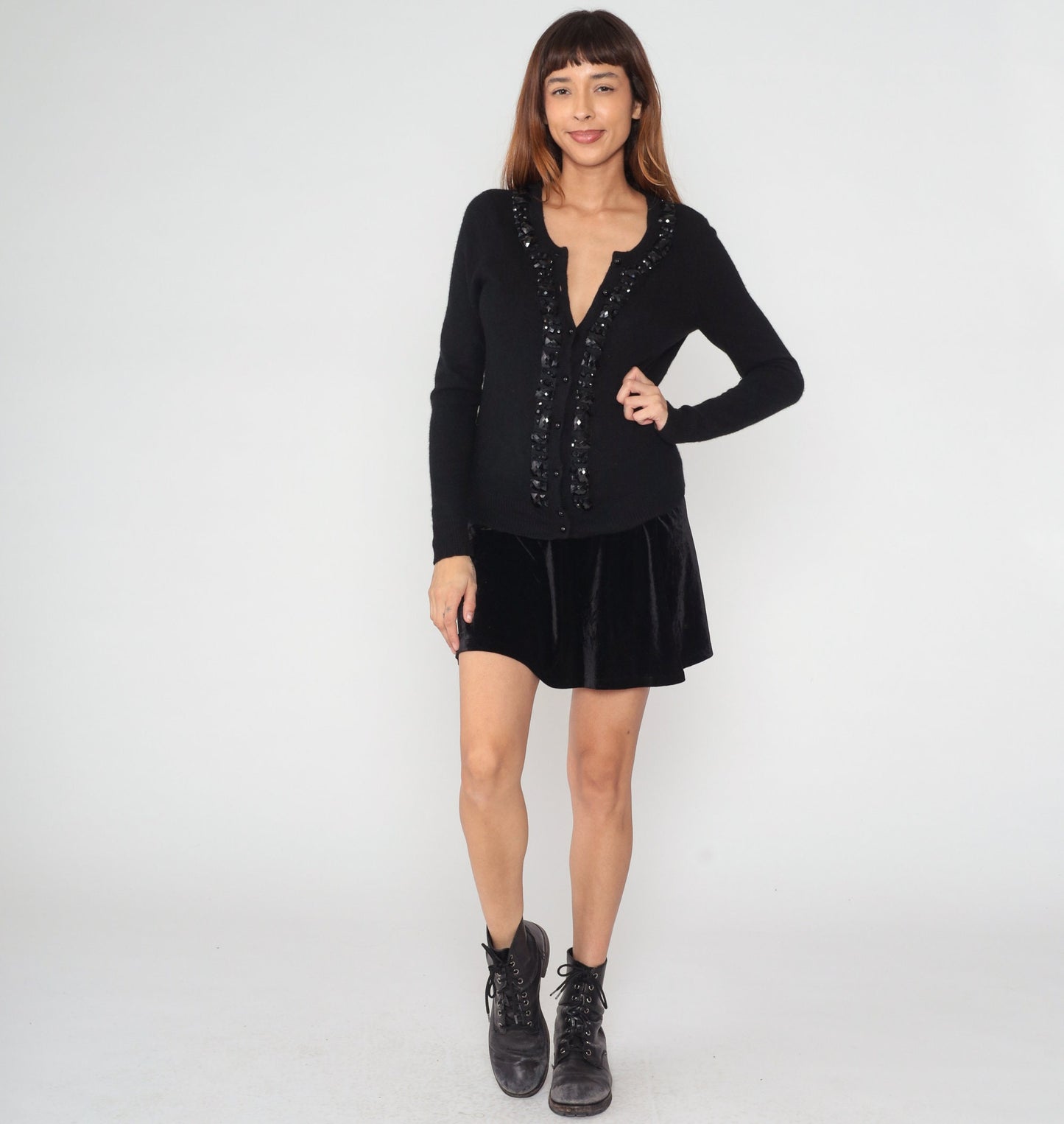 Y2K Black Cashmere Cardigan Rhinestone Beaded Button-Up Sweater Medium M