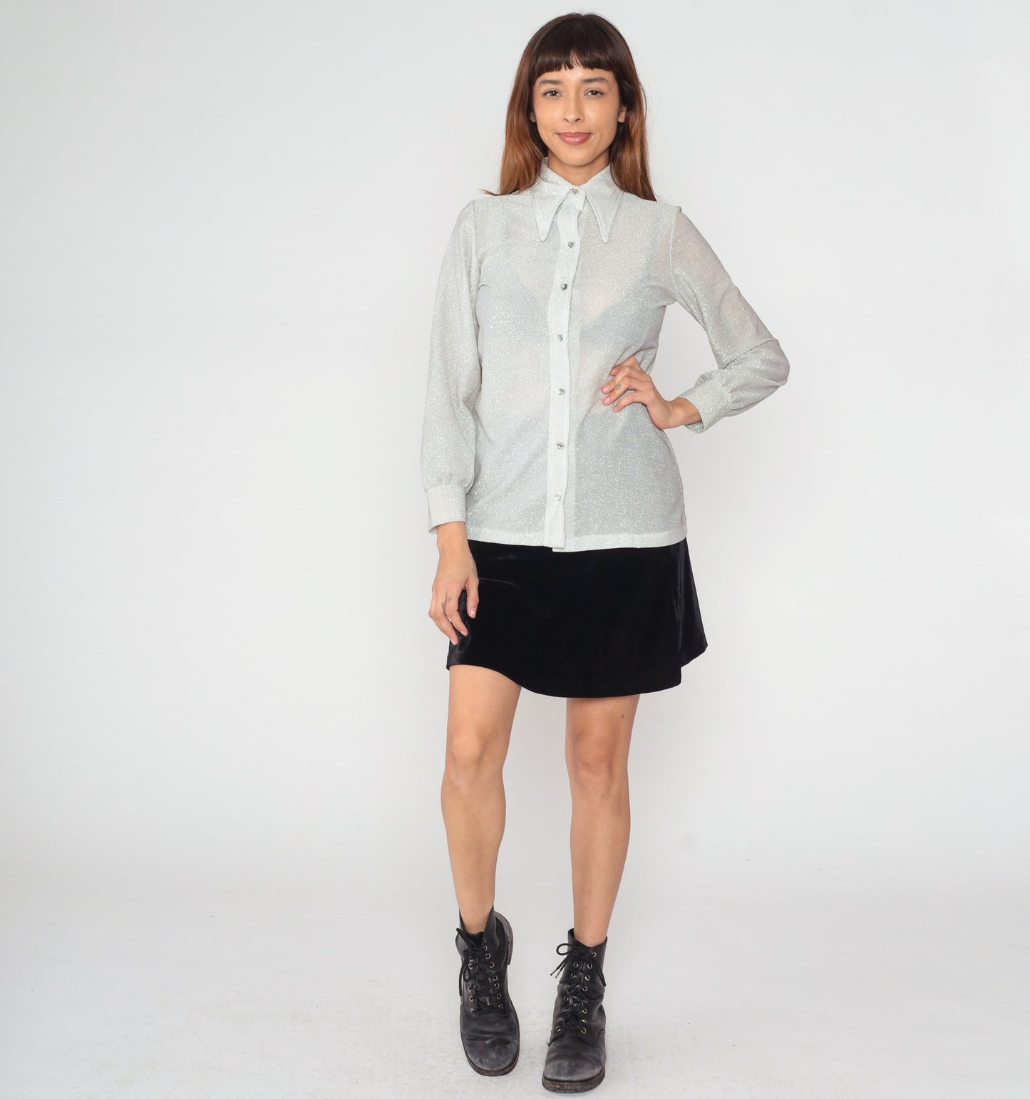 70s Metallic Silver Rhinestone Button Blouse Dagger Collar Long Sleeve Small