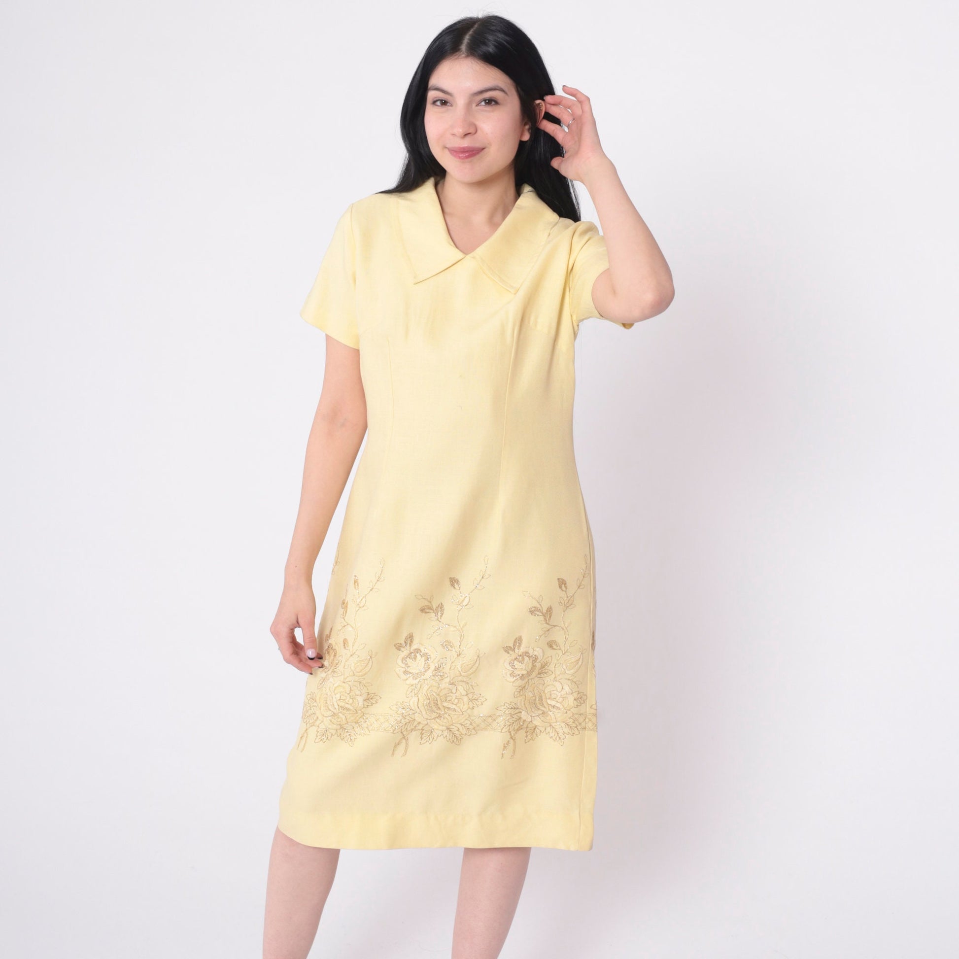 60s Mod Shift Dress Pale Yellow Metallic Gold Floral Embroidery Medium