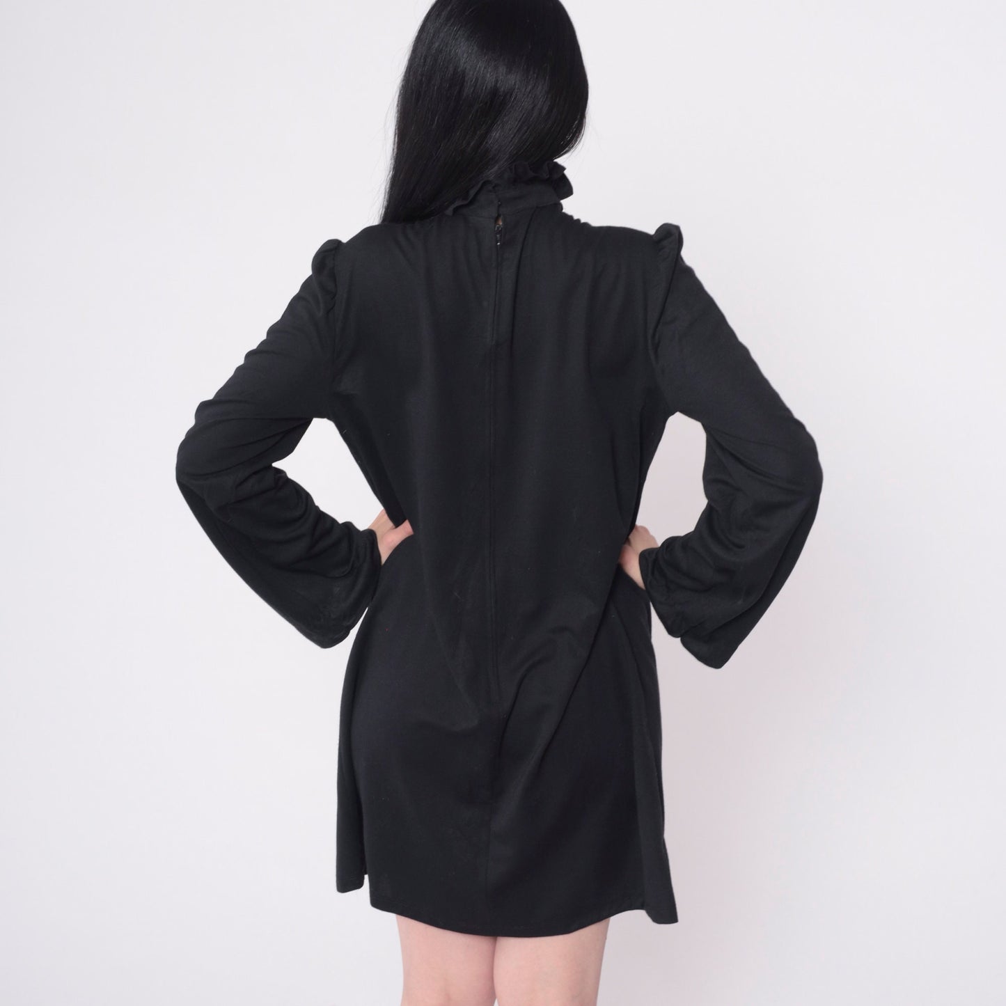 70s Black Shift Dress Ruffle Neck Pintuck Puff Sleeve Mini Medium Large