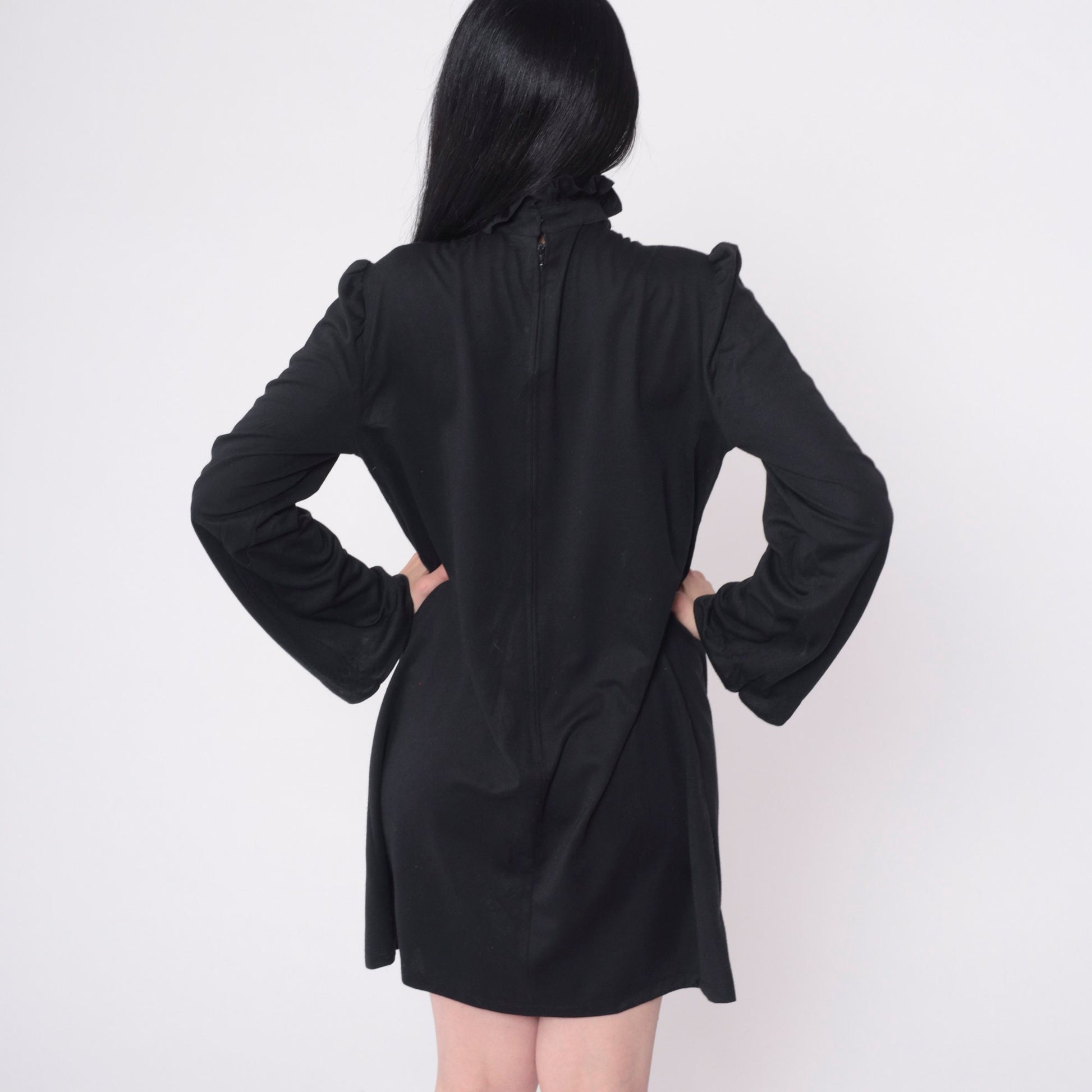 70s Black Shift Dress Ruffle Neck Pintuck Puff Sleeve Mini Medium Large