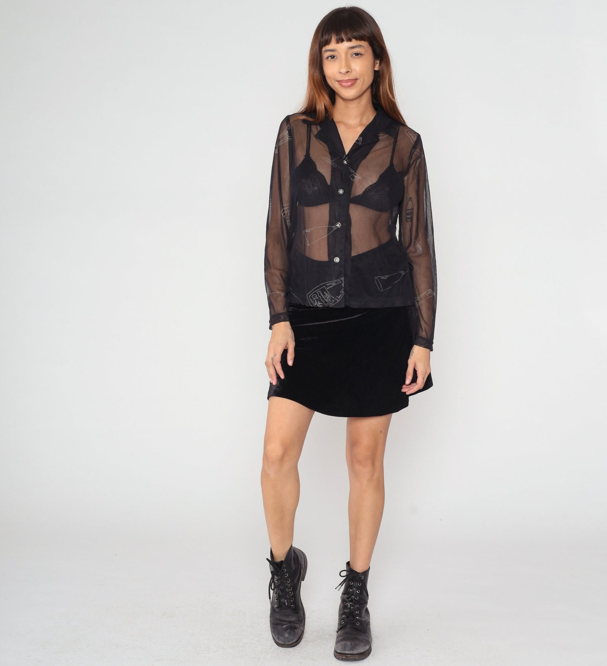 Y2K Black Mesh Blouse Champagne Bottle Glass Print Button-Up Long Sleeve Small S