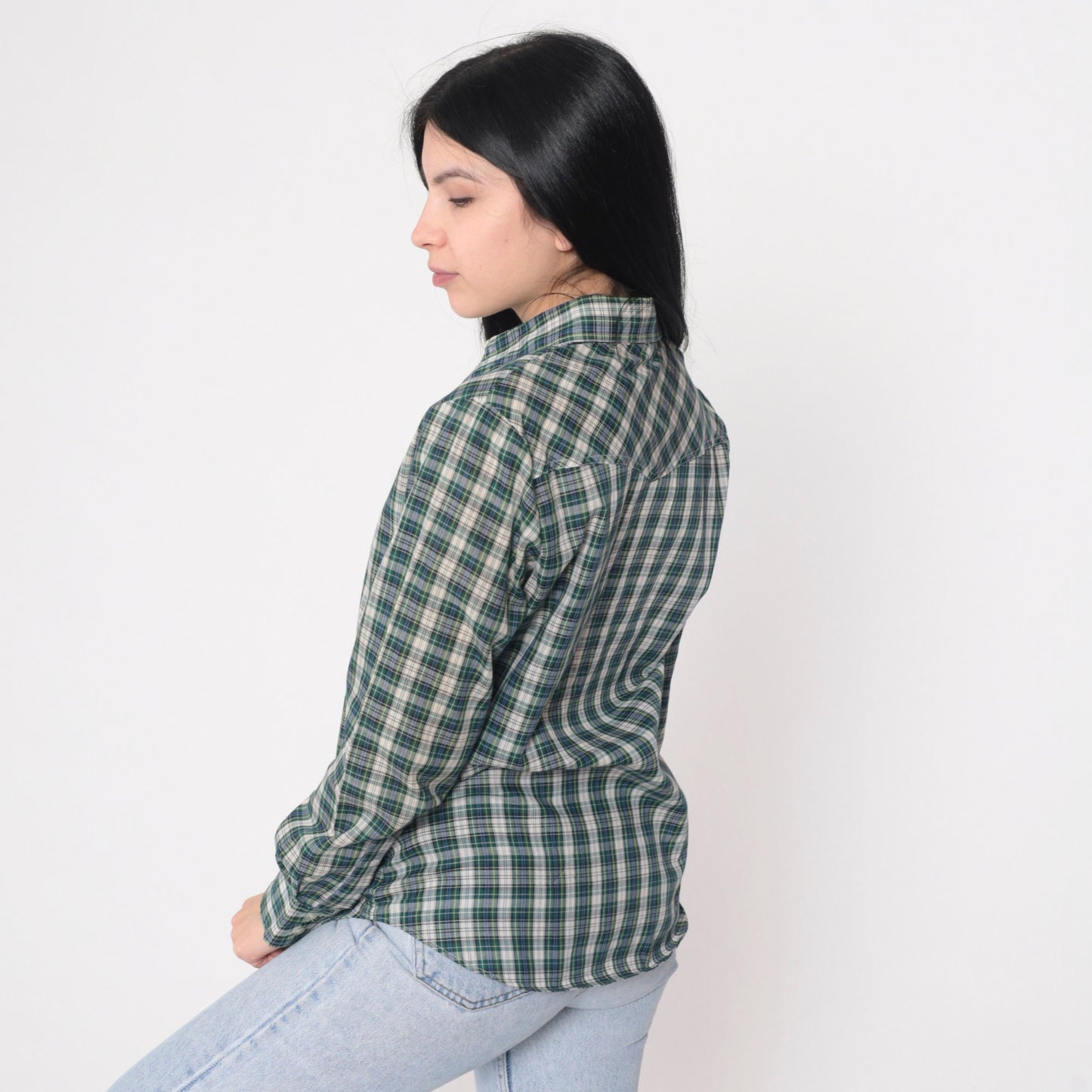 80s Plaid Button-Up Shirt Blue Green White Checkered Long Sleeve Small