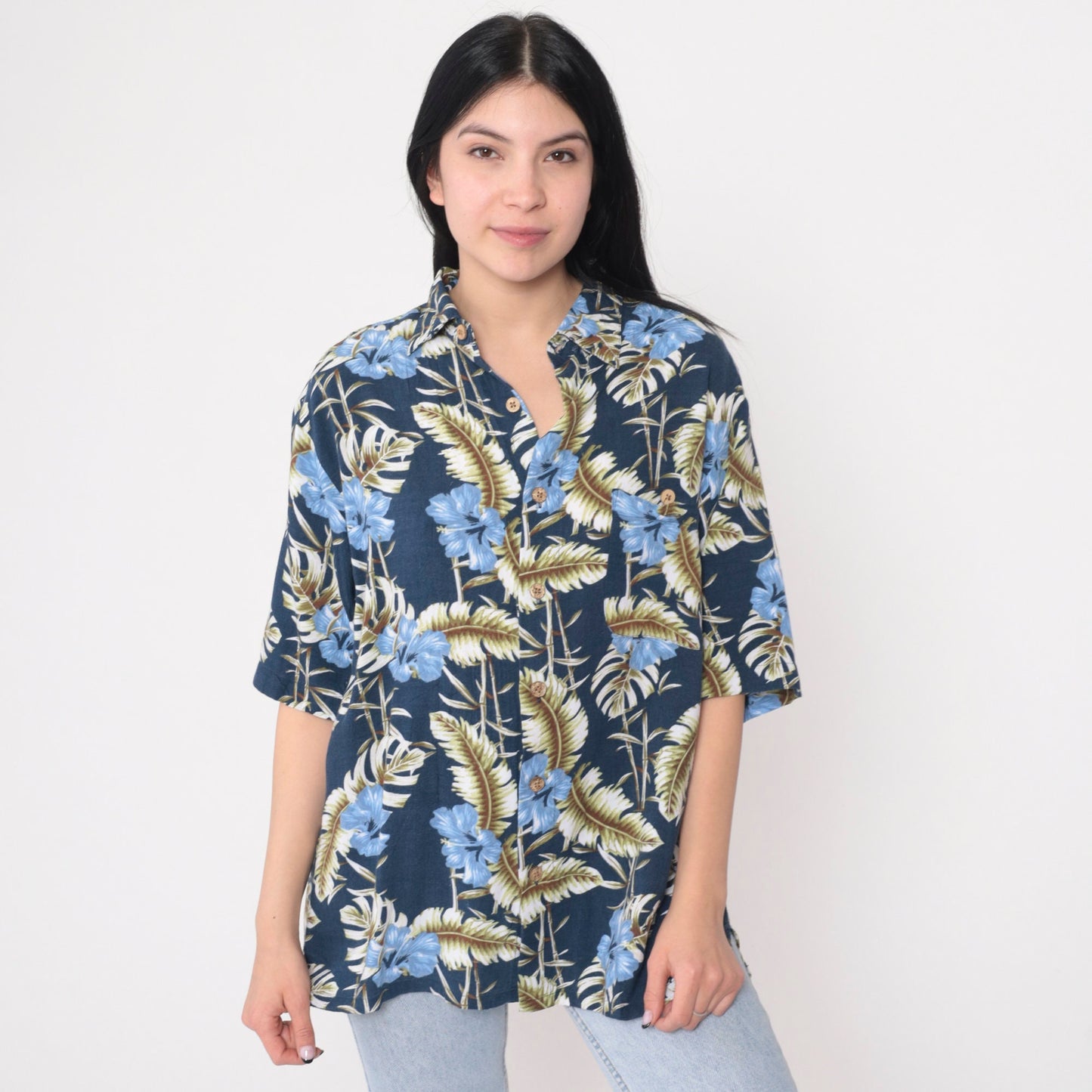 Y2K Blue Hawaiian Shirt Tropical Floral Hibiscus Button Up Medium M