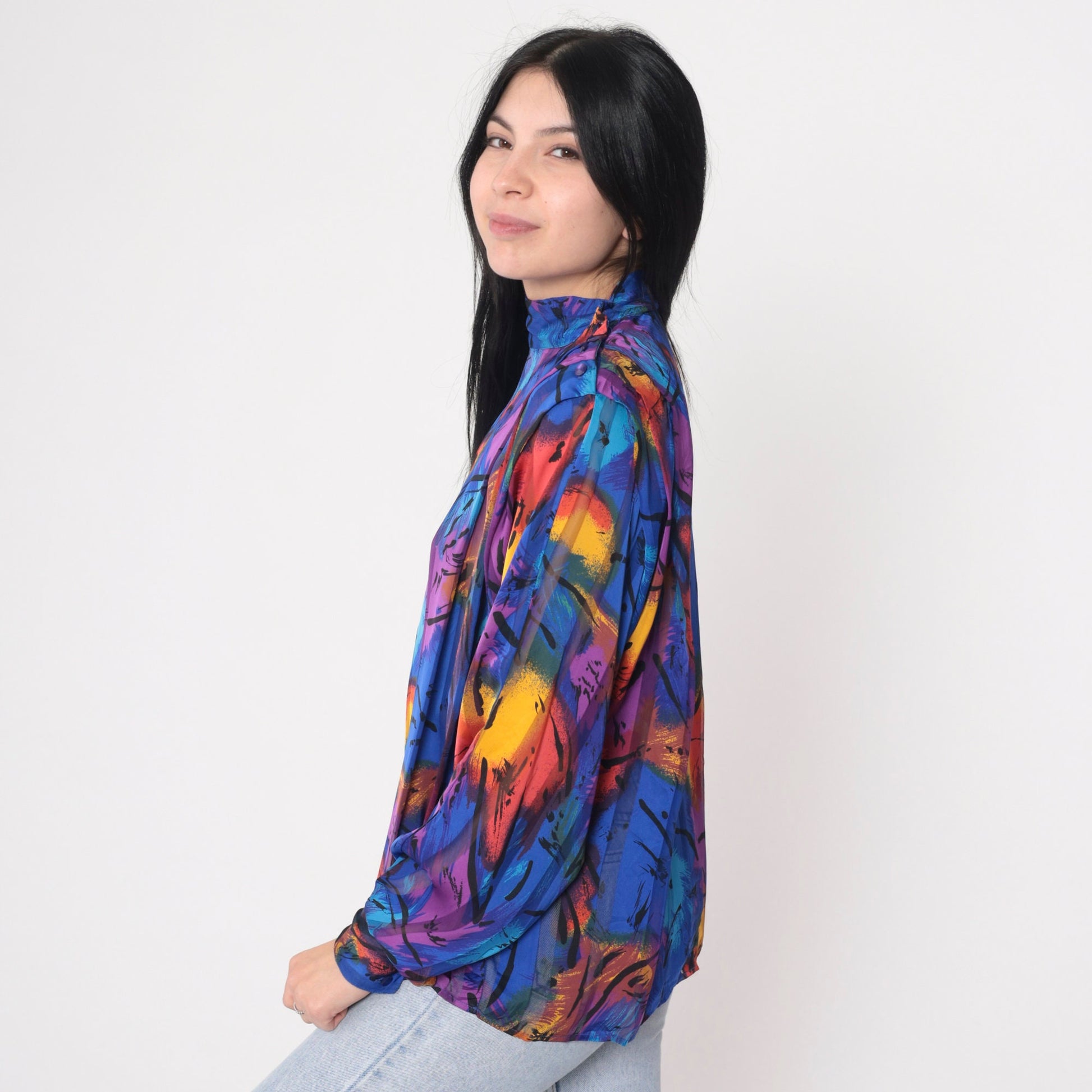 80s Abstract Print Mock Neck Blouse Button Shoulder Long Sleeve Small