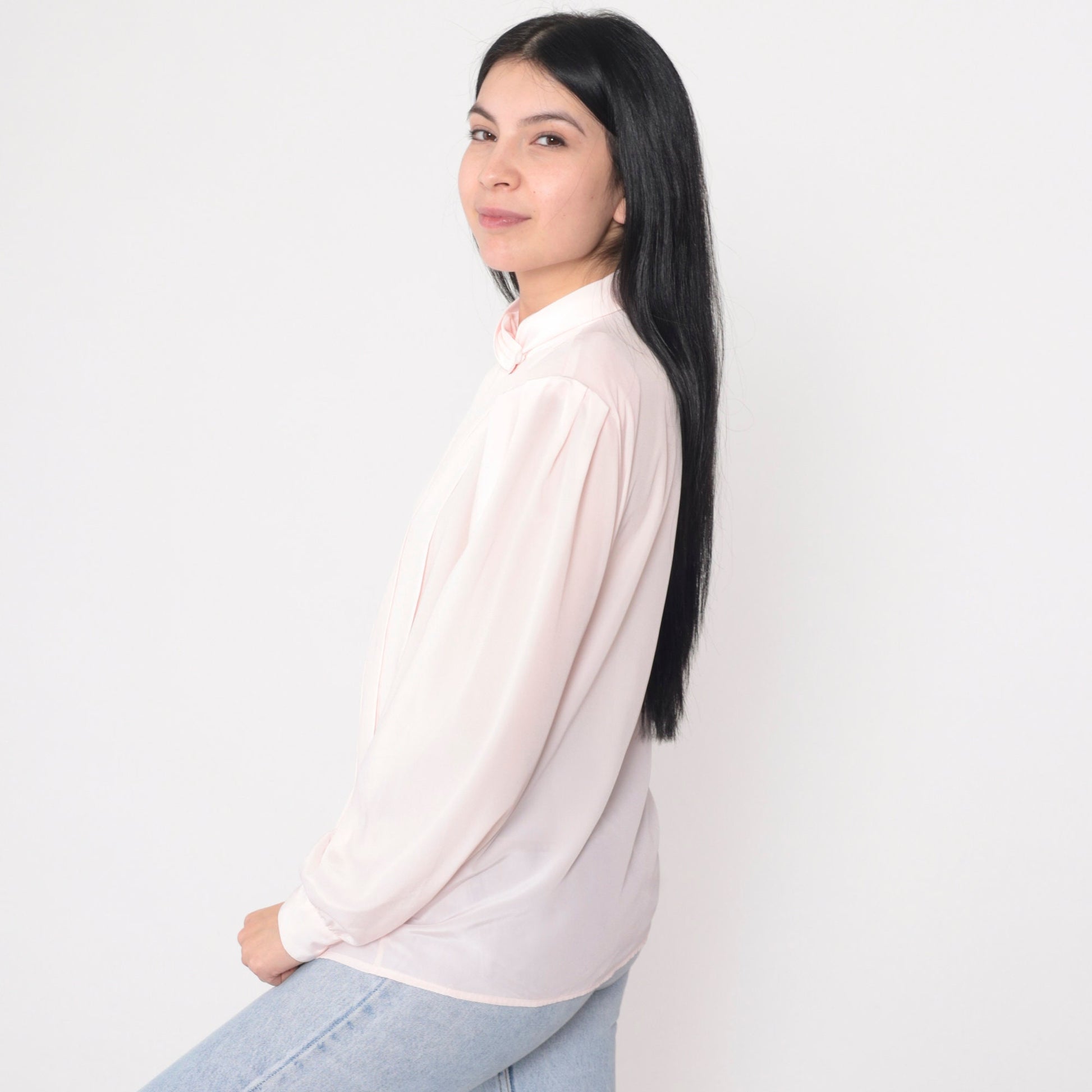 80s Baby Pink Pleated Blouse Puff Sleeve Button-Up Small