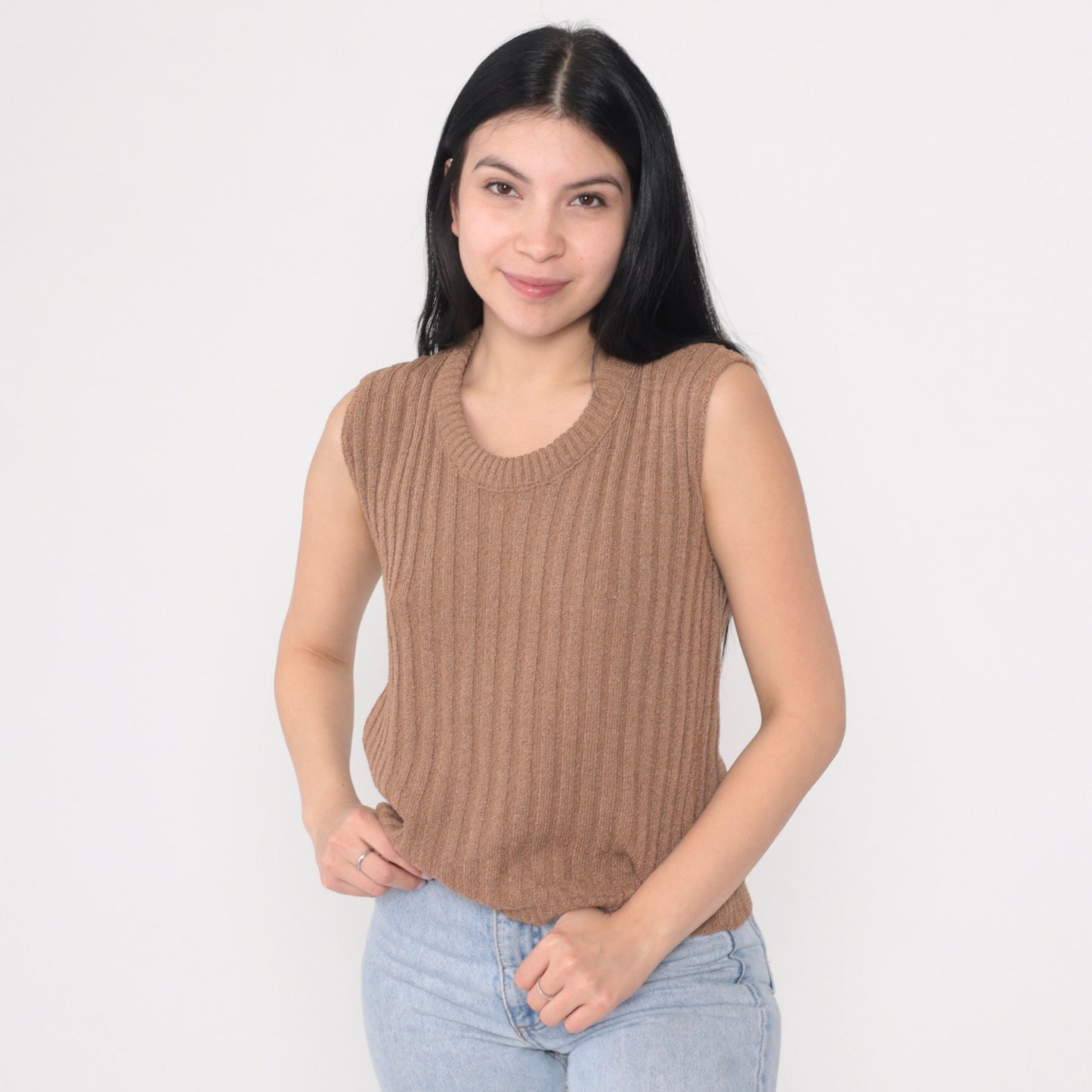 80s Cocoa Brown Ribbed Knit Sweater Vest Scoop Neck Pullover Medium M