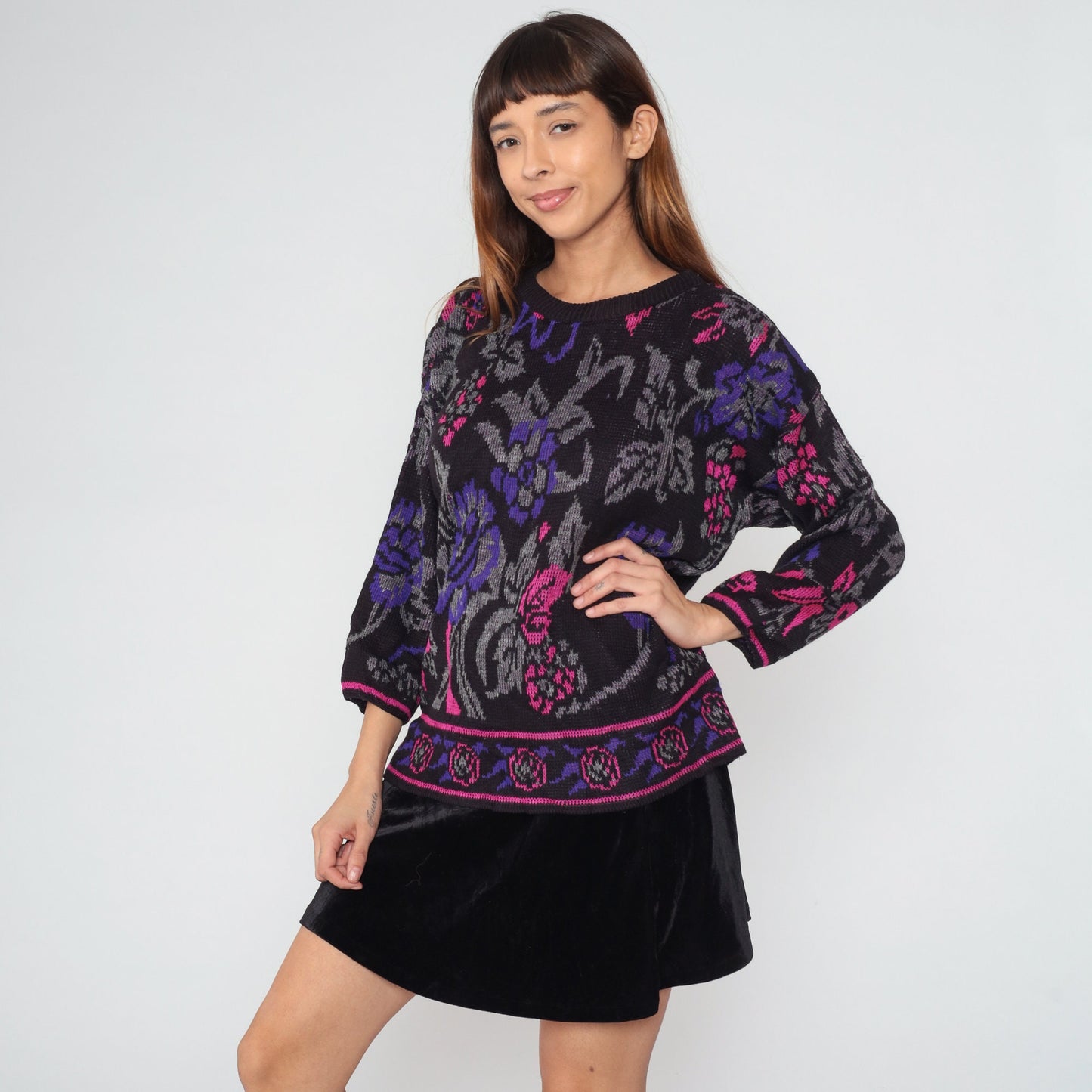 80s Black Floral Knit Sweater Pink Purple Rose All-Over Print Large L