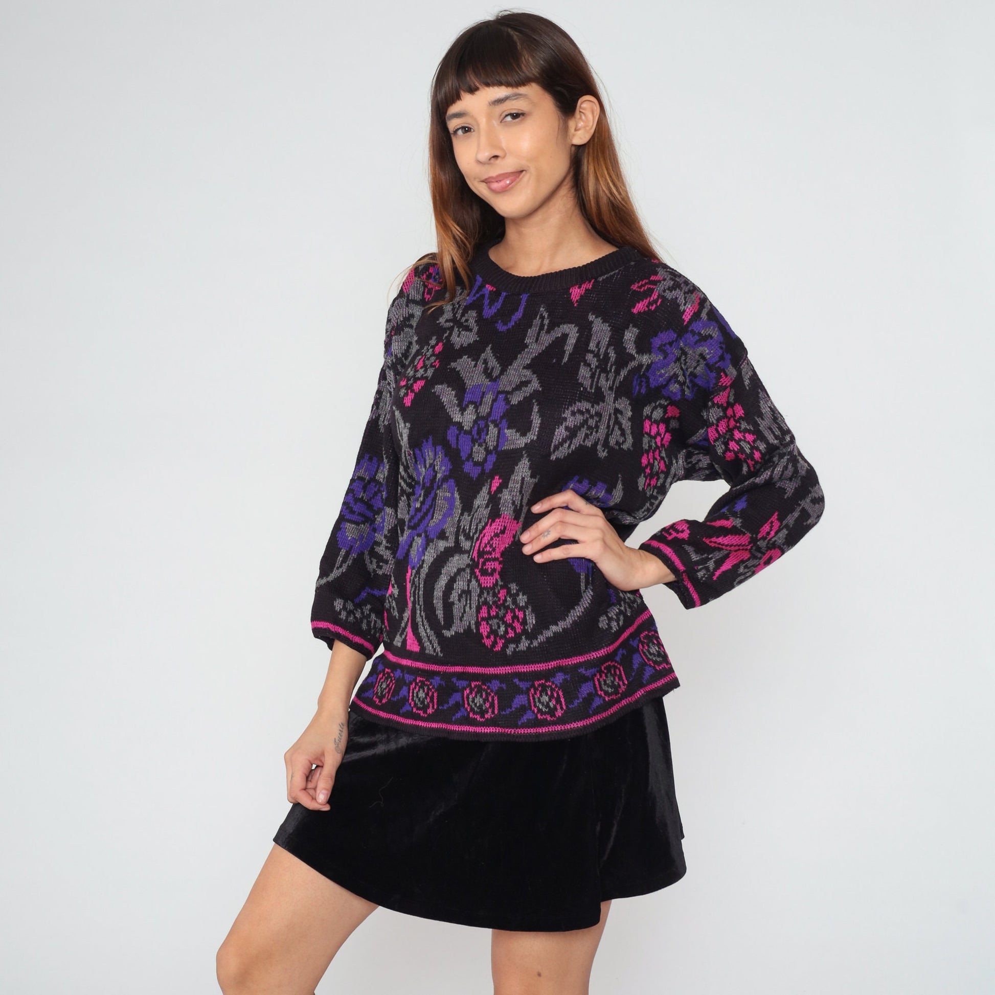 80s Black Floral Knit Sweater Pink Purple Rose All-Over Print Large L