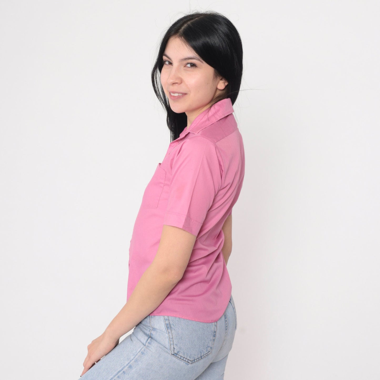 70s Pink Button-Up Shirt Short Sleeve Collared Chest Pocket Extra Small