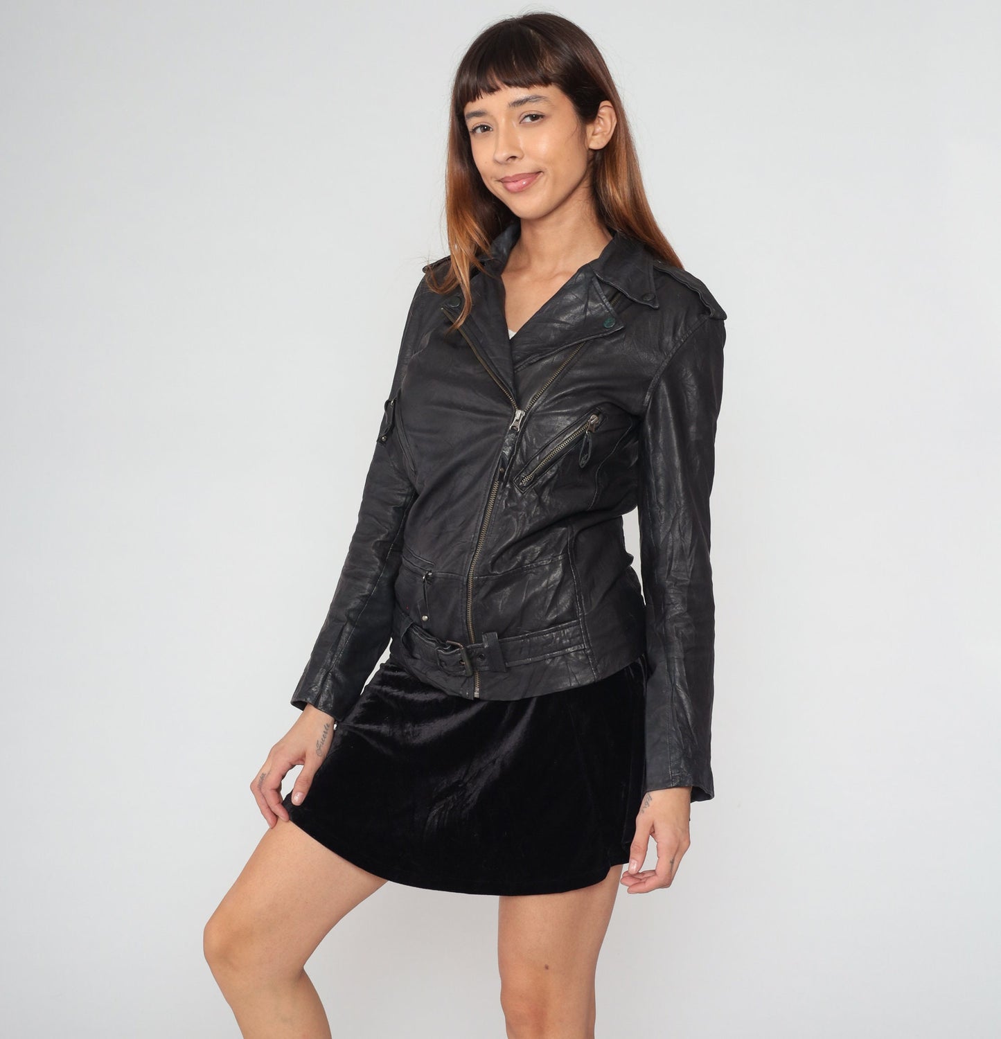 Y2K Sara Bermen Black Leather Moto Jacket Zip Front Small S