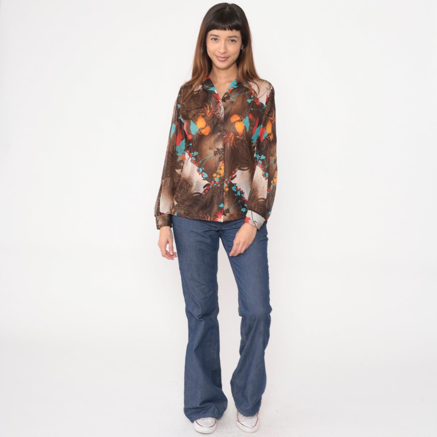 70s Teddi Tropical Leaf Print Button-Up Blouse Brown Long Sleeve Extra Large