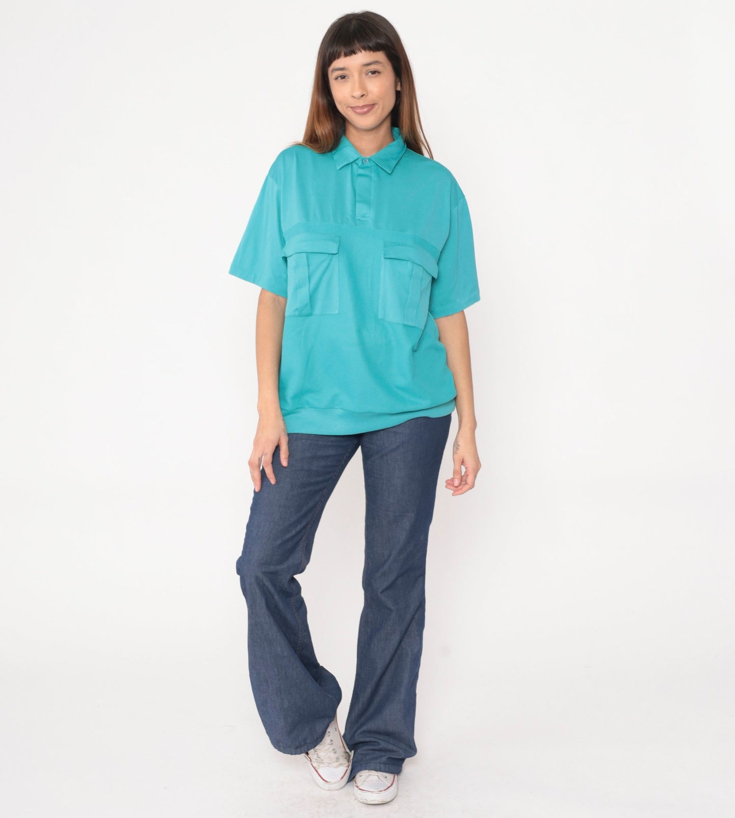 80s Turquoise Polo Shirt Cotton Blend Chest Pocket Banded Hem Extra Large XL