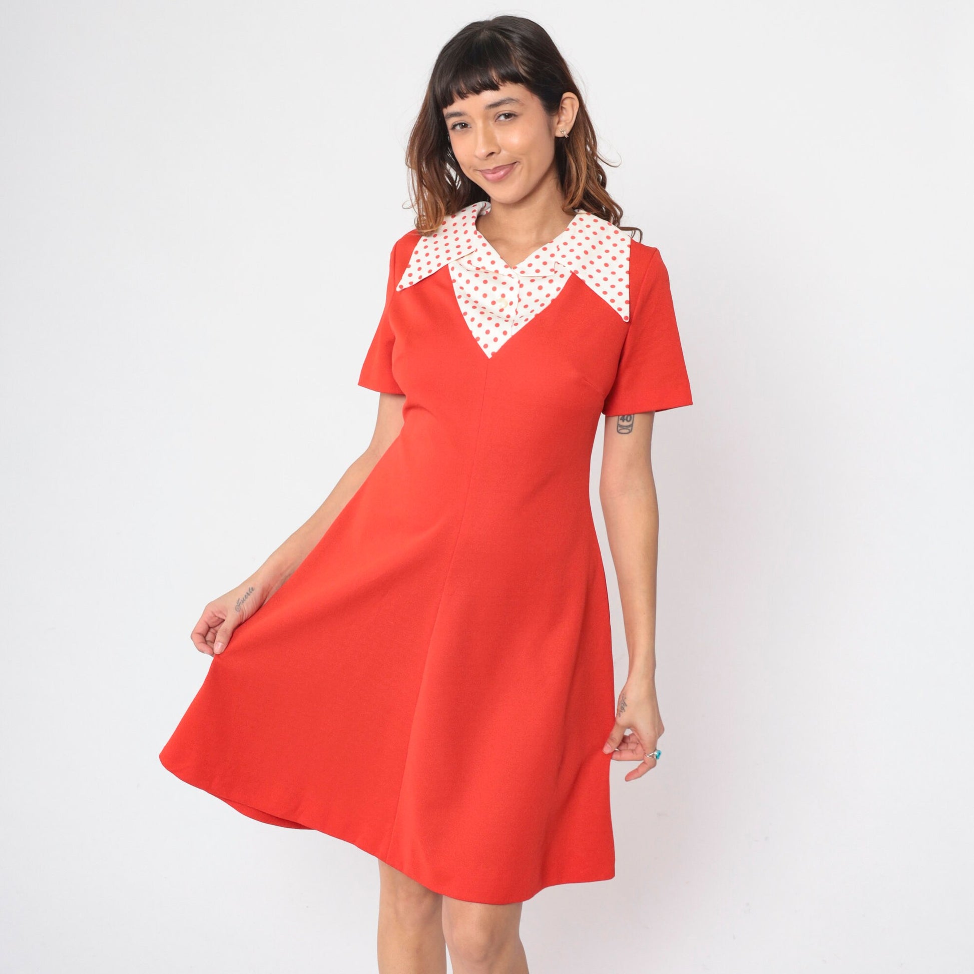 70s Red Shift Dress Polka Dot Collar Mini Short Sleeve Medium 8
