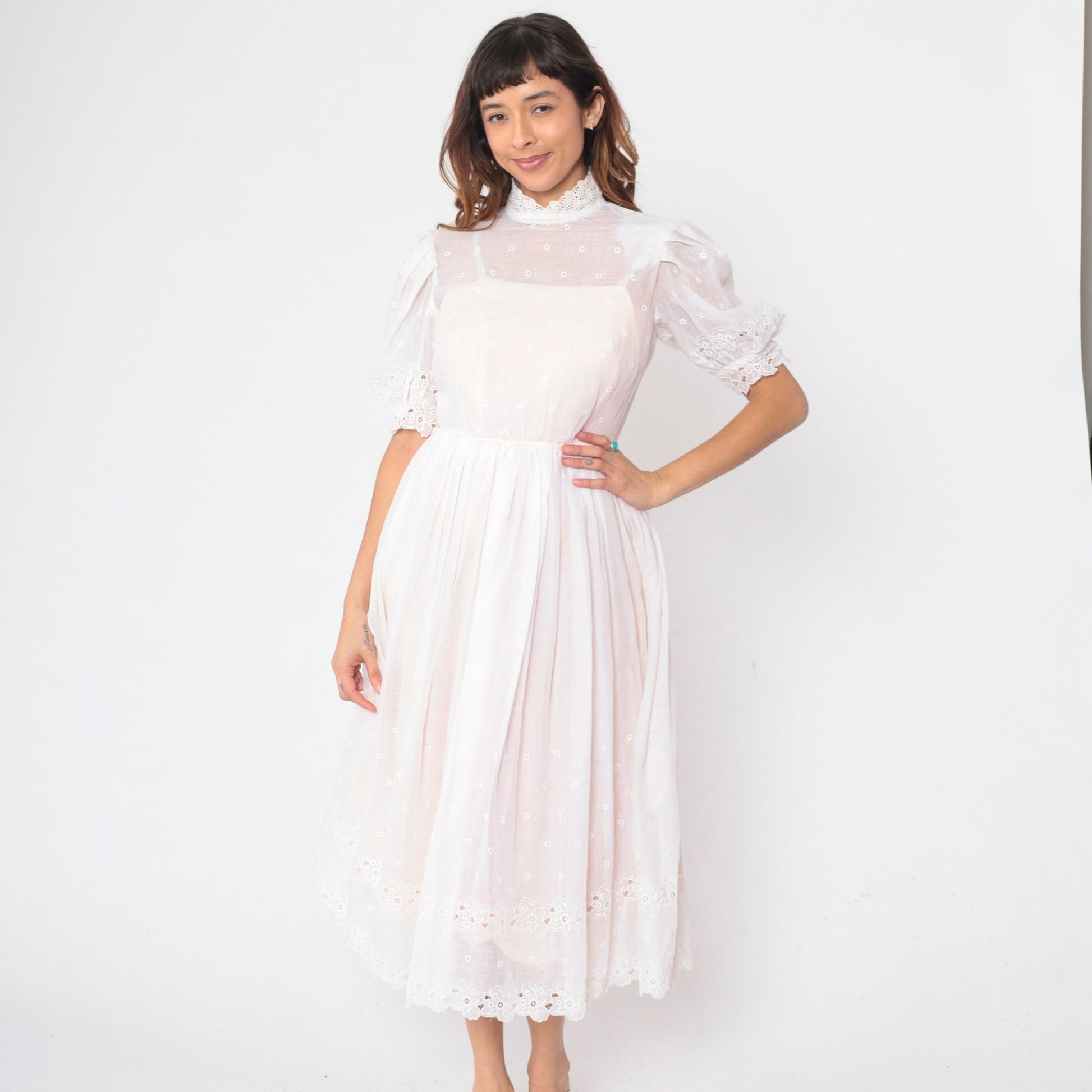 60s White Eyelet Dress Floral Embroidered Puff Sleeve High Waist Midi Small