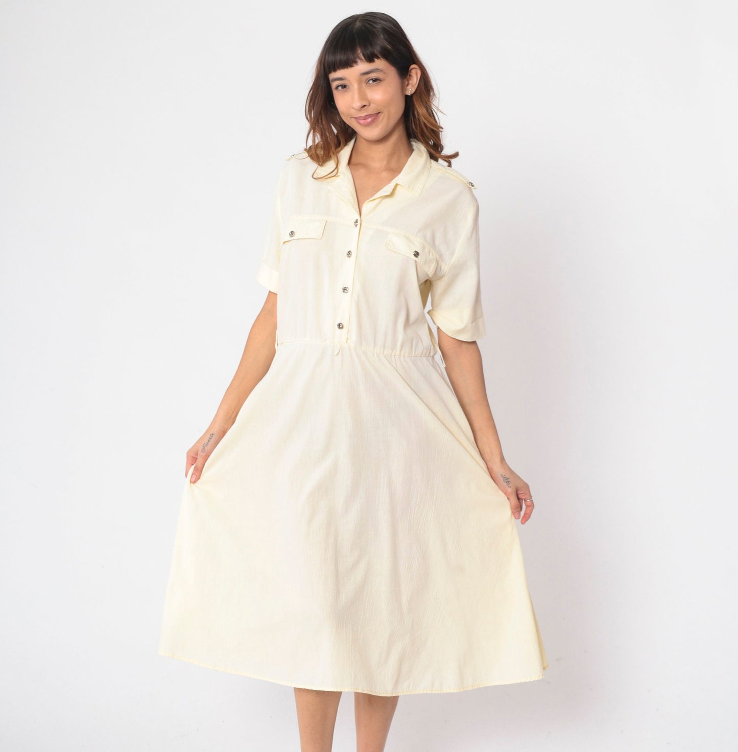 90s Pale Yellow Midi Shirt Dress High Waist Epaulette Button Up Large