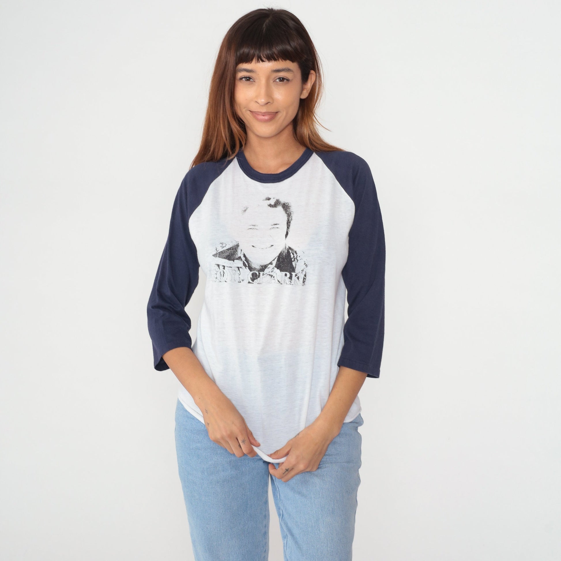 80s Roy Clark Country Music Baseball Tee Graphic T-Shirt White Blue Large