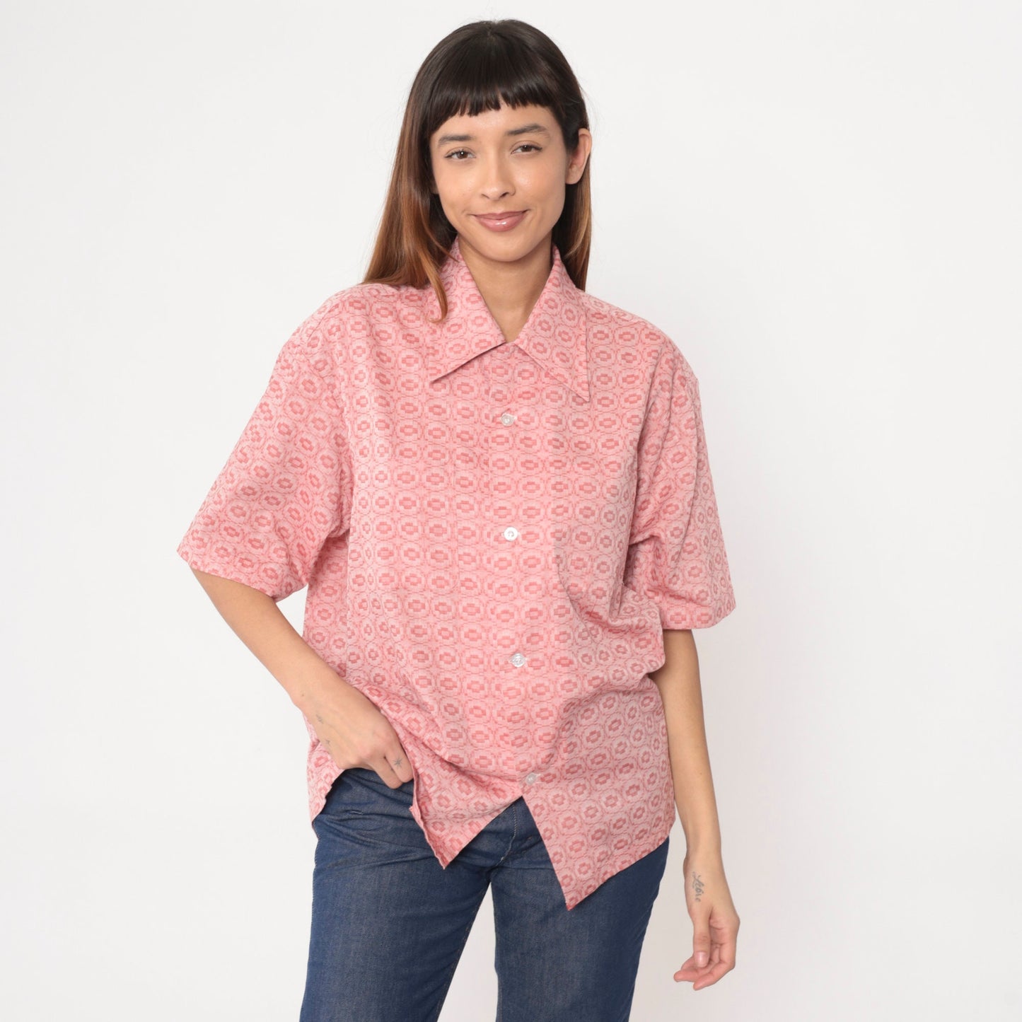 70s Pink Geometric Tile Print Button-Up Shirt Short Sleeve Men's Large