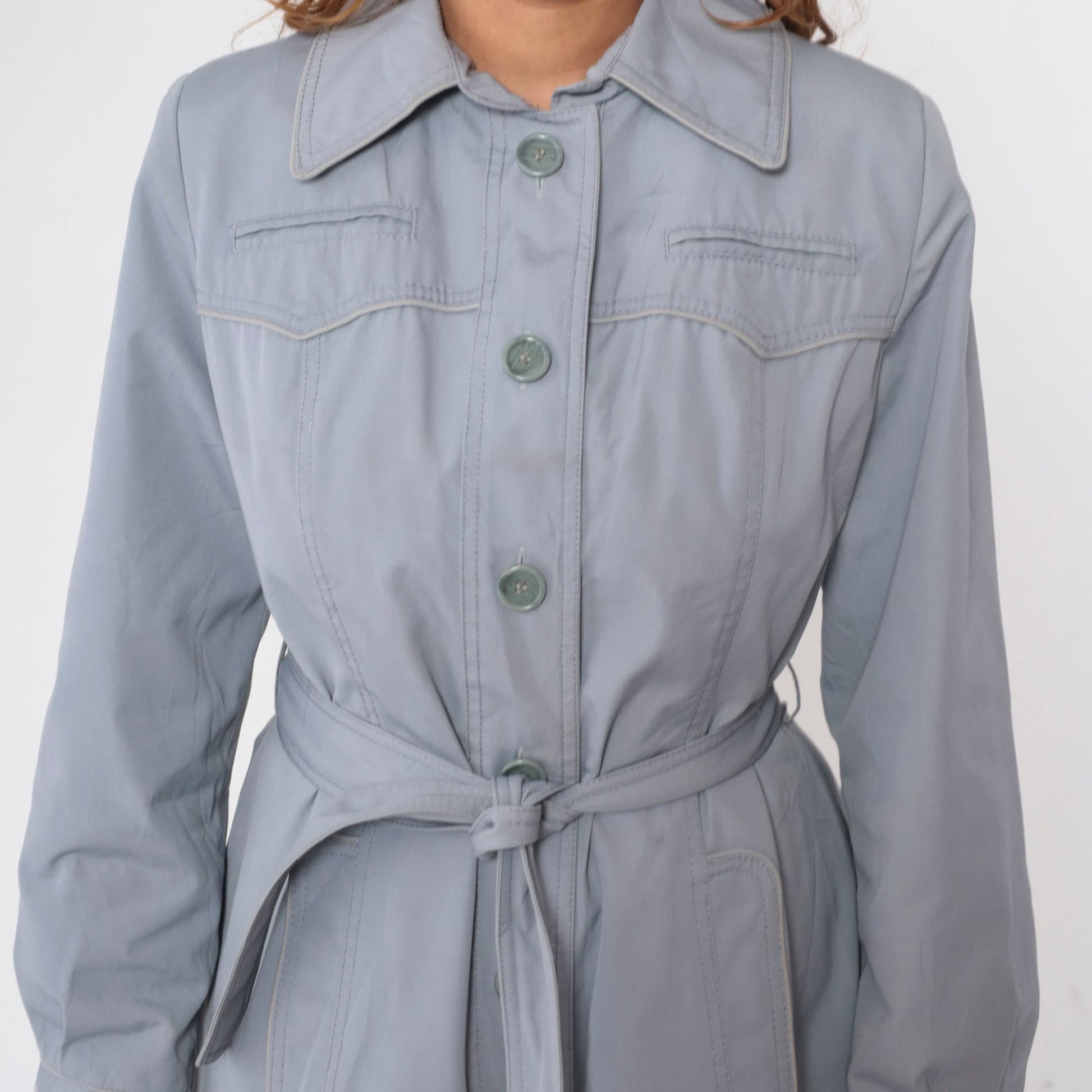 70s Muted Blue Trench Coat Western Yoke Button-Up Belted Jacket Small