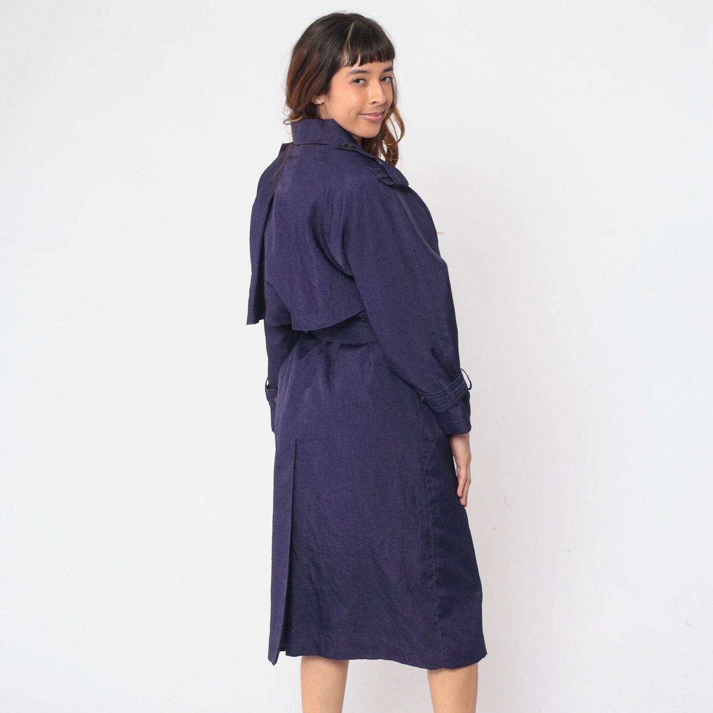 90s Purple Trench Coat Double Breasted Epaulette Belted Midi Jacket Medium
