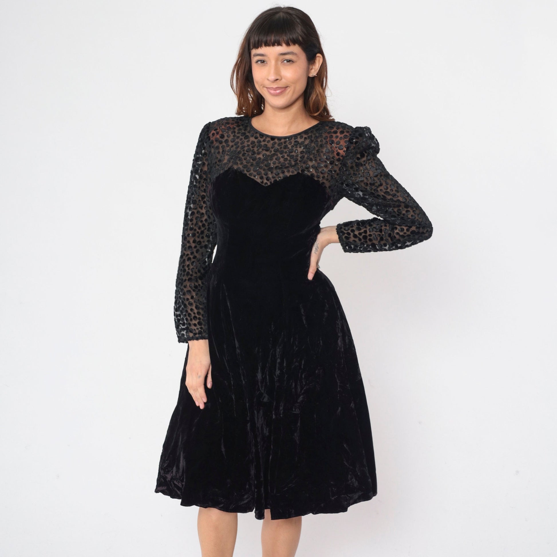80s Black Velvet Party Dress Illusion Neckline Sparkly Sheer Small