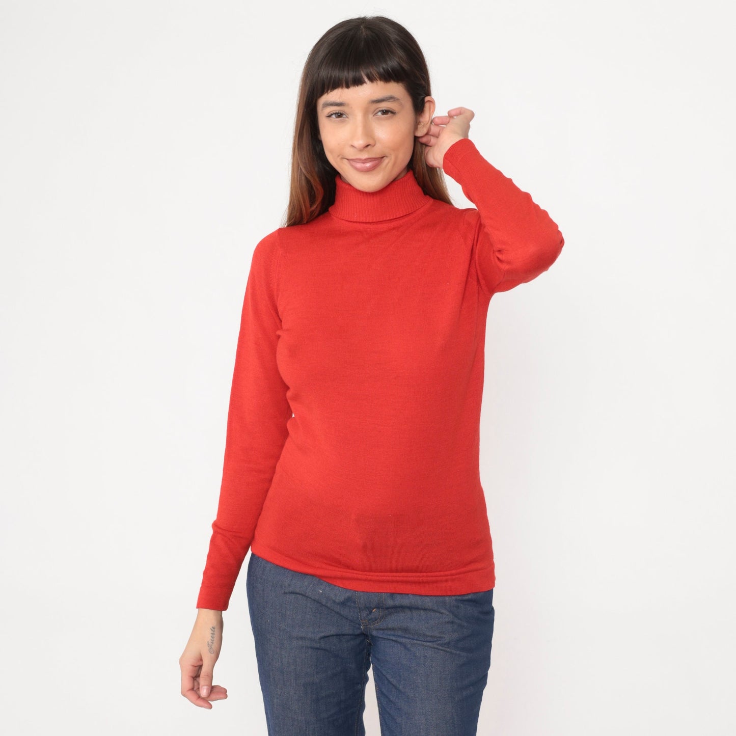 70s Red Wool Blend Turtleneck Sweater Long Sleeve Ribbed Knit Small