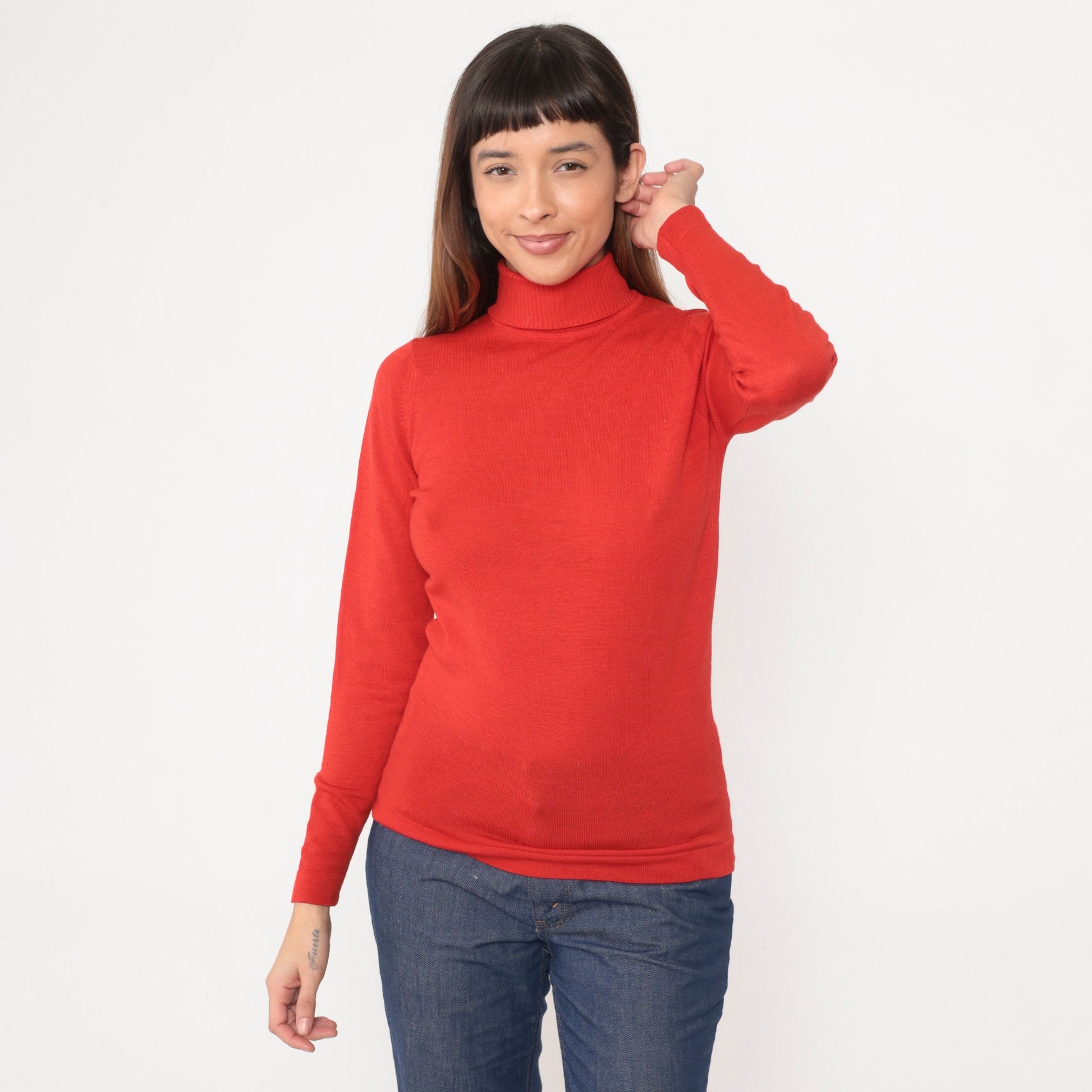 70s Red Wool Blend Turtleneck Sweater Long Sleeve Ribbed Knit Small