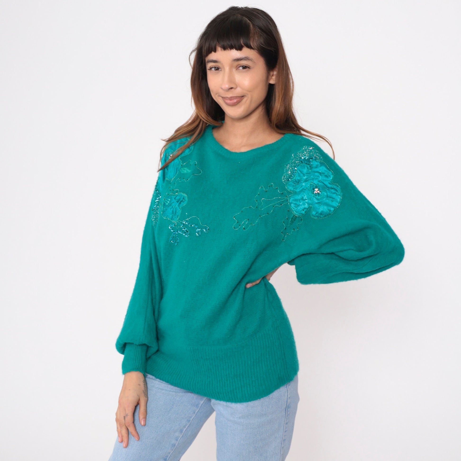 80s Green Sequin Floral Sweater Beaded Dolman Sleeve Knit Medium