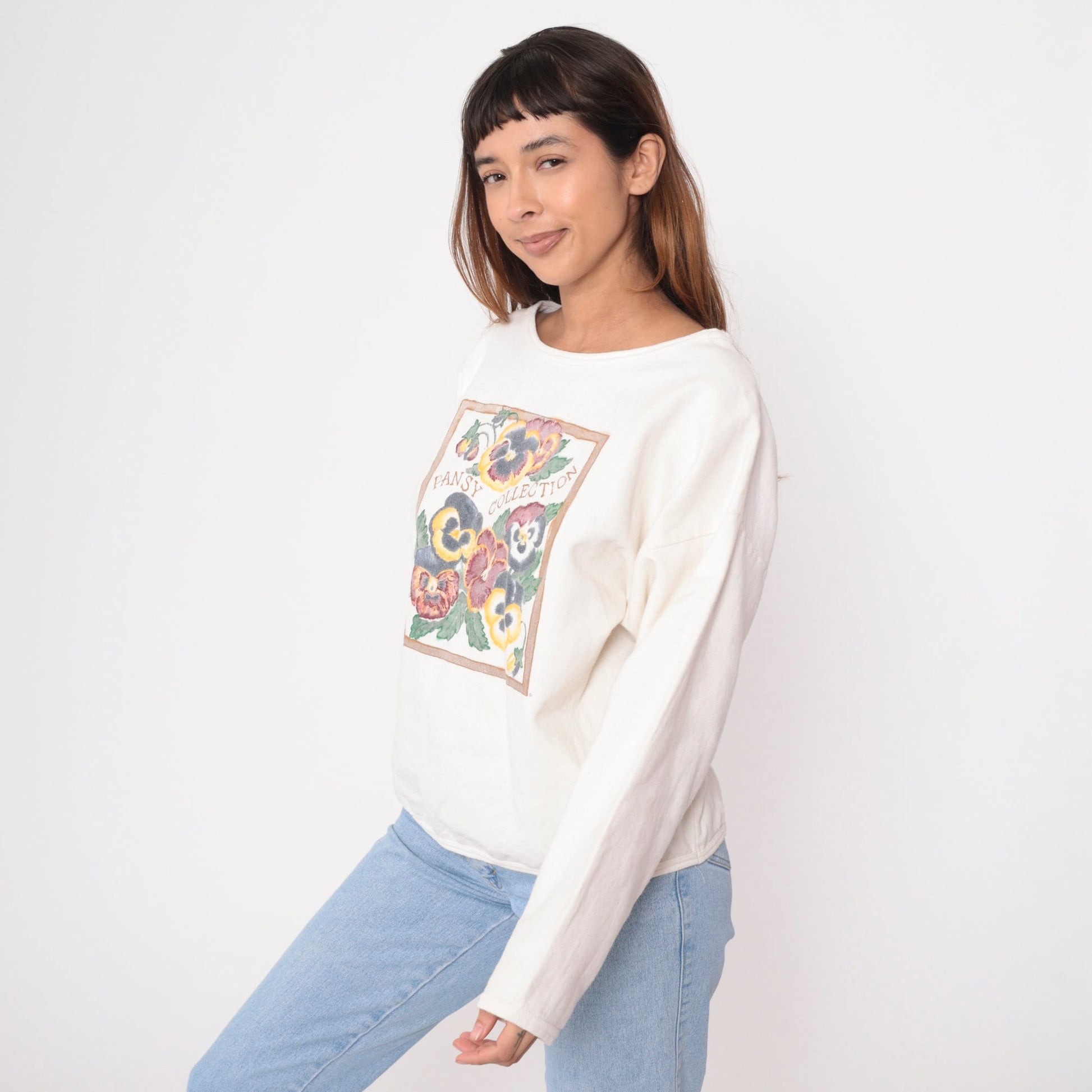 90s Pansy Collection Sweatshirt Cream Cotton Graphic Pullover Medium Large