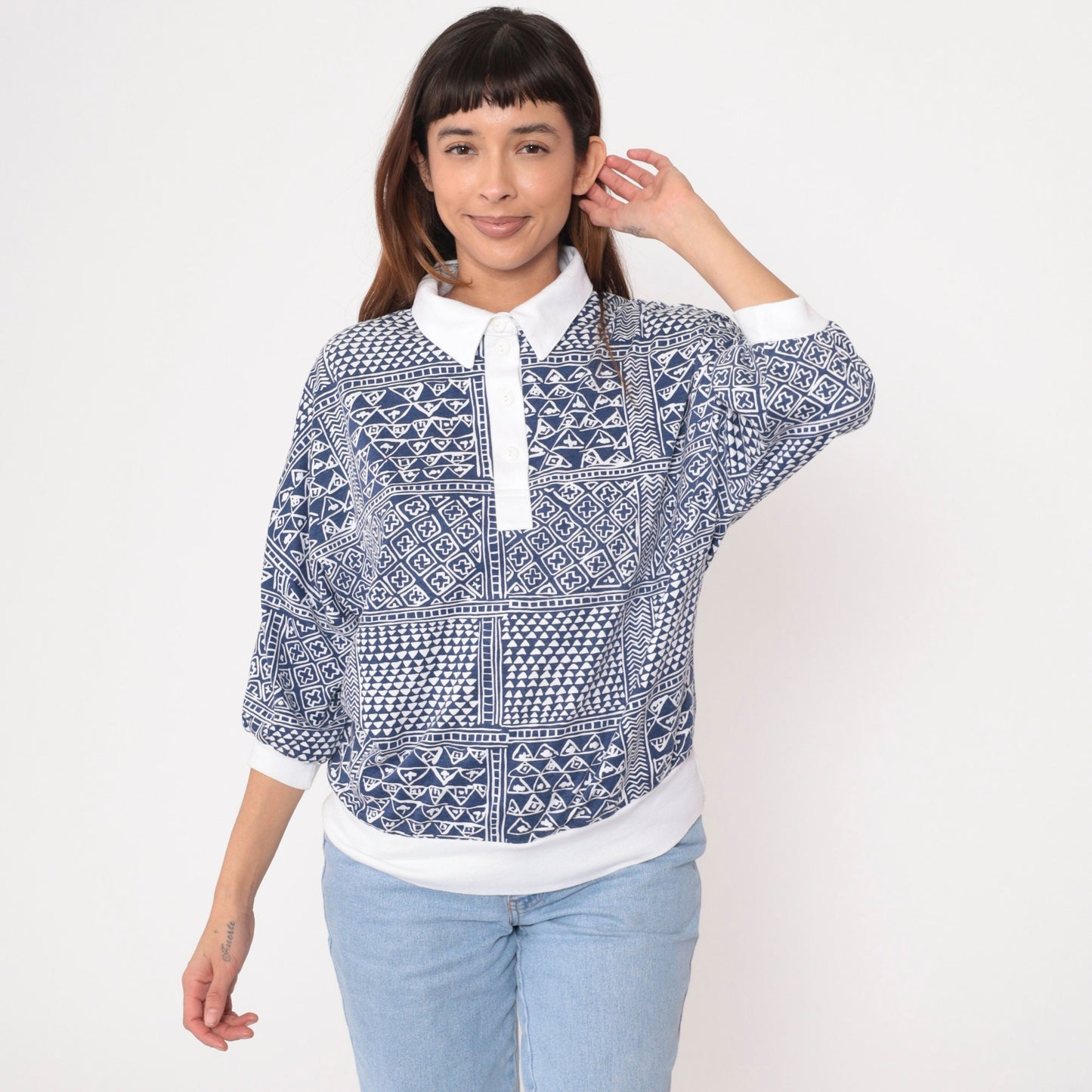 90s Drapers & Damons Polo Shirt Geometric Print Blue White Dolman Sleeve Large
