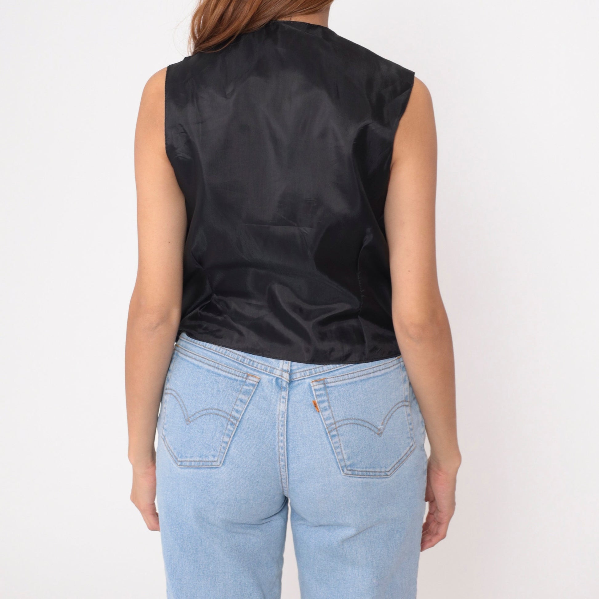 90s Black Leather Vest Single Snap V-Neck Sleeveless Top Small