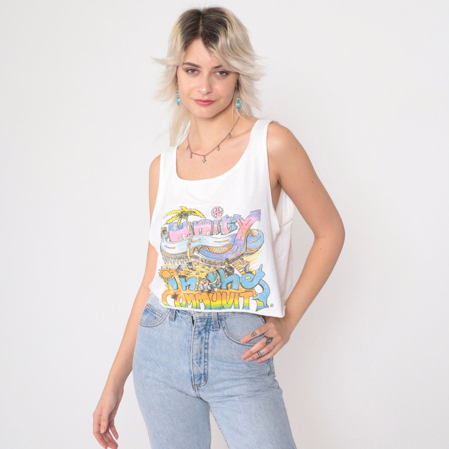 90s Unity In The Community Crop Tank Top White Graphic Tee Medium